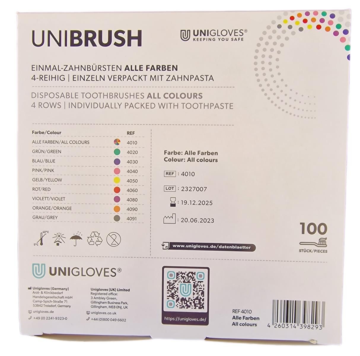 Unigloves® Zahnbürste Unibrush Einmalzahnbürsten mit Zahnpasta bunt gemischt 100 Stück