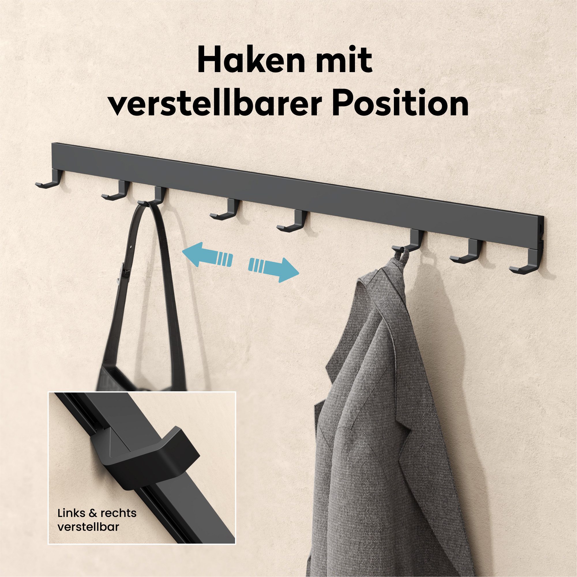 doporro Garderobenleiste Garderobenhaken mit verschiebbaren Kleiderhaken aus Aluminium Stalo10 (5 St), Pulverbeschichtet, aus hochwertige Alu