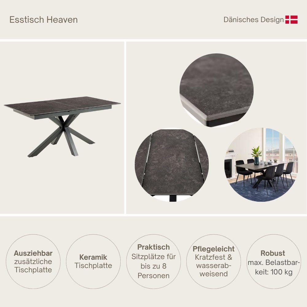 ACTONA GROUP Esstisch Heaven, Rechteckig Tischplatte aus rauer Keramik, Kreuzfuß, ausziehbar, Kratzfest, wasserabweisend, Sitzplatz für 4-8 Personen, B: 168/210 cm