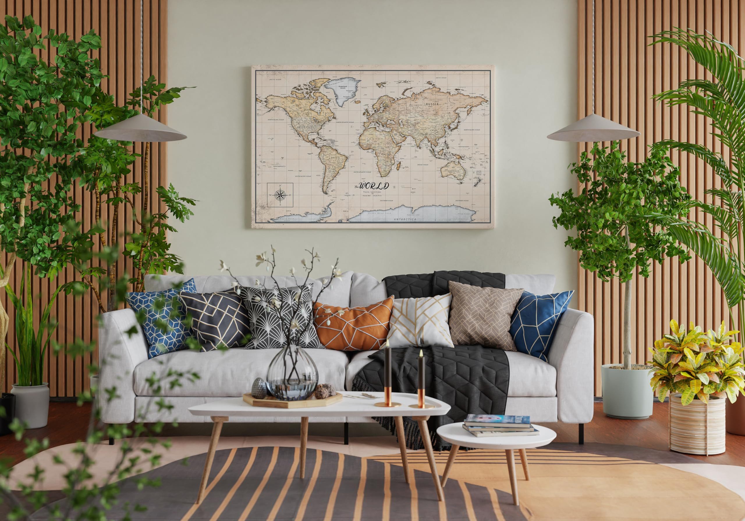 framed concept Leinwandbild als Weltkarte-Pinnwand, pinne Deine Reisen und Erinnerungen, World Map, Englische Beschriftung inkl. 50 goldene Pins – Bild 2 von 5
