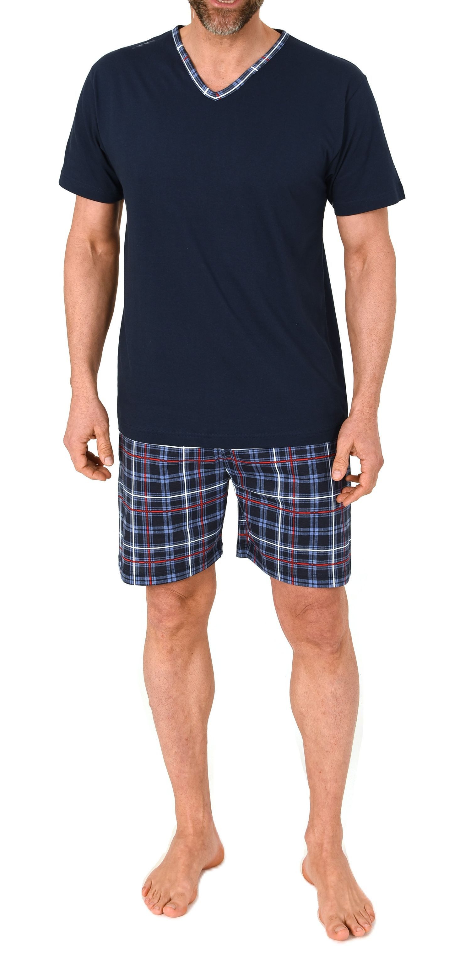 Normann Pyjama Normann Herren kurzarm Schlafanzug Shorty mit karierter Hose