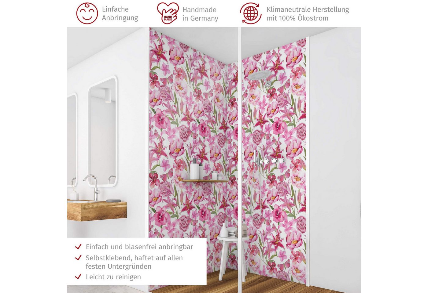 Thumbnail - Bilderdepot24 Badrückwand Muster pink Duschrückwand ohne Bohren Dusche Landhaus, (2-tlg., Hart-Folie Premium matt 0,61 m...