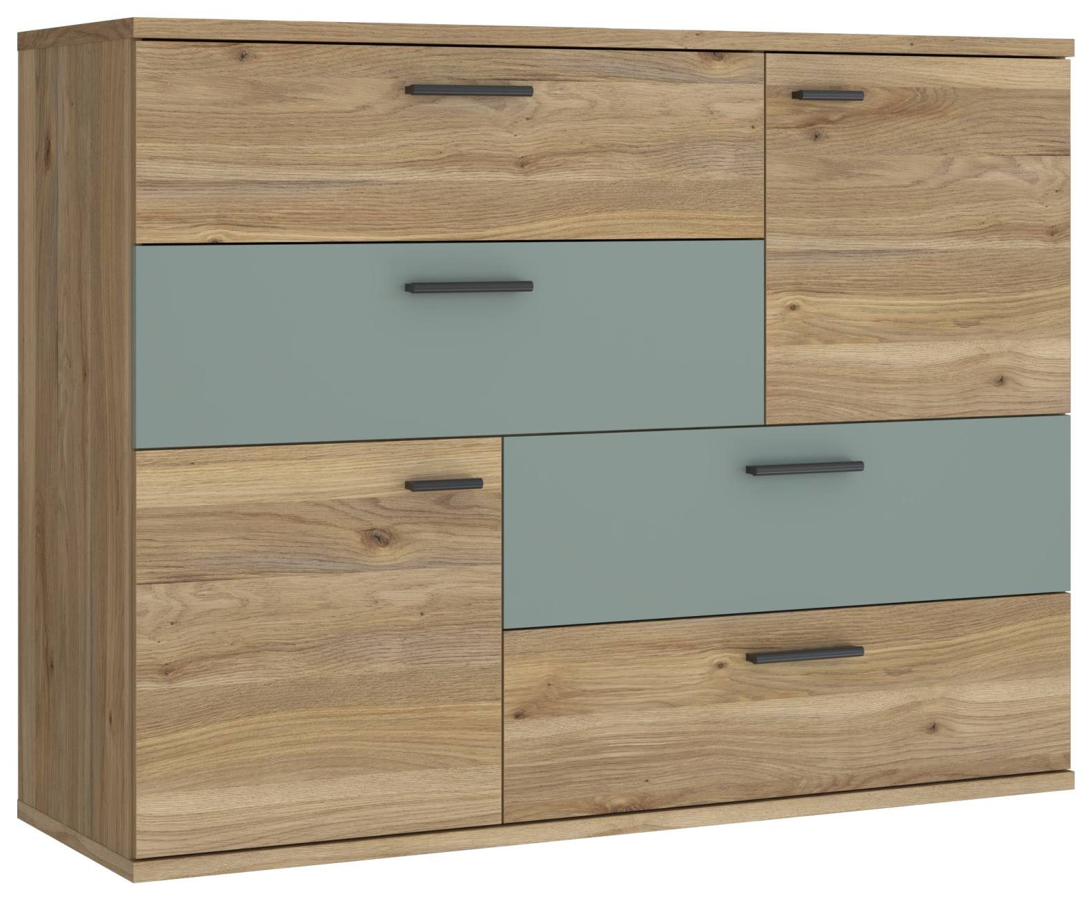 FORTE Kommode Kommode SKIVE Optik: Mauvella Eiche / Sage Green 2-trg. 4 Schubladen