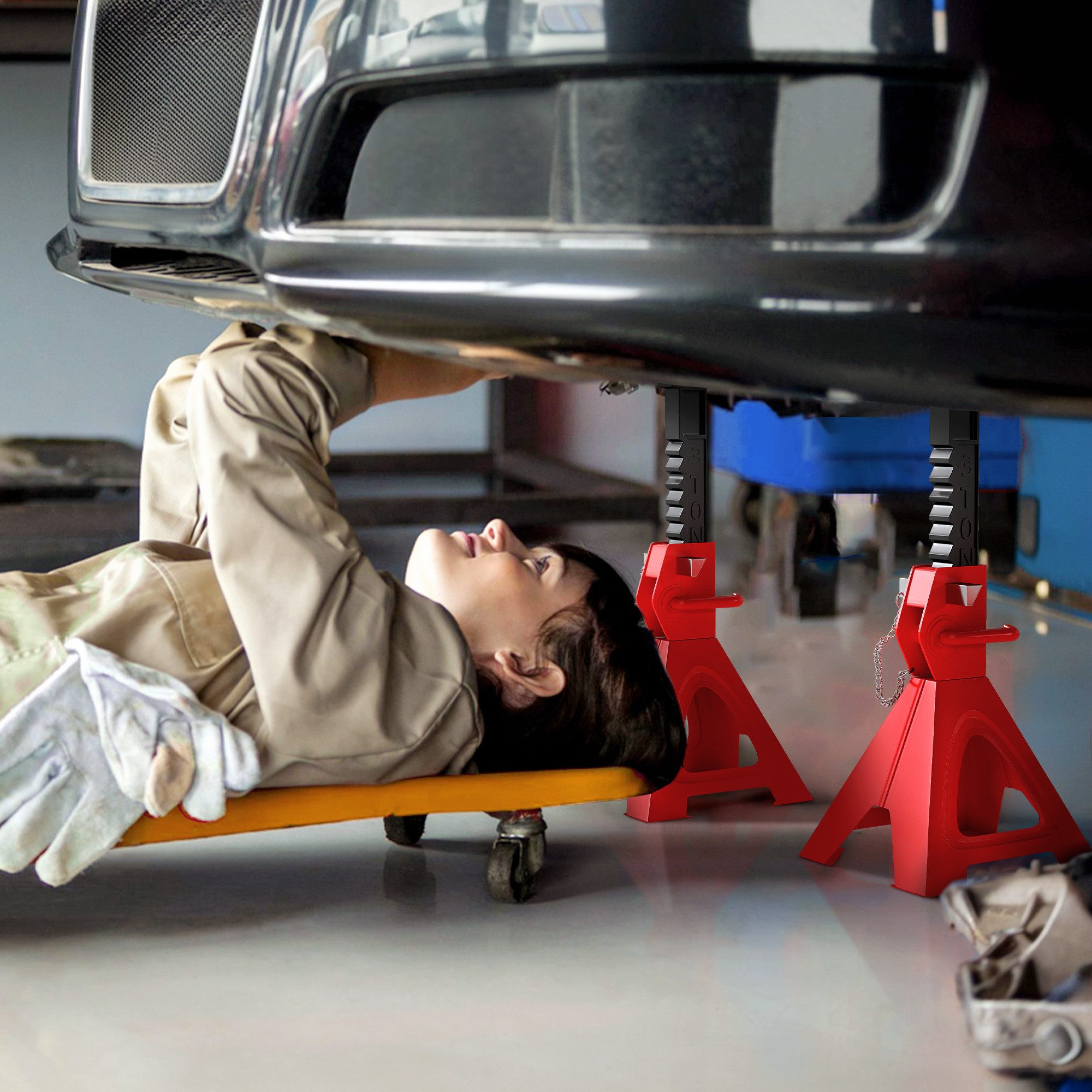 HOMCOM Unterstellbock inkl Sicherungssplint, 10 stufig höhenverstellbar, 3000 kg max. Belastbarkeit, (3 Tonnen traglast Stützbock, 2-St., Unterstellböcke), 290 mm bis 418 mm, für Werkstatt Garage Rot