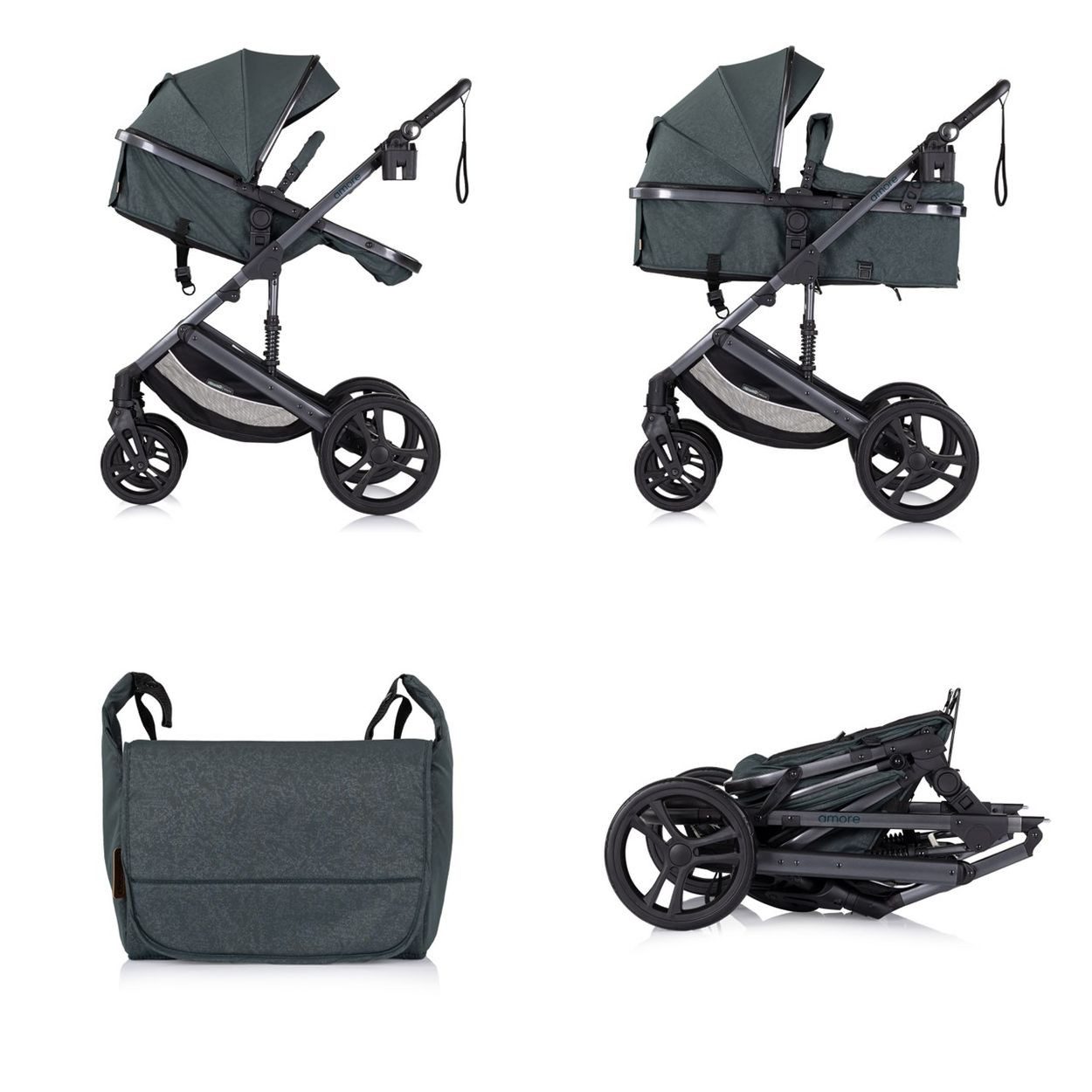 Chipolino Kombi-Kinderwagen Kinderwagen 2 in 1 Amore, Getränkehalter Wickeltasche Fußabdeckung Korb