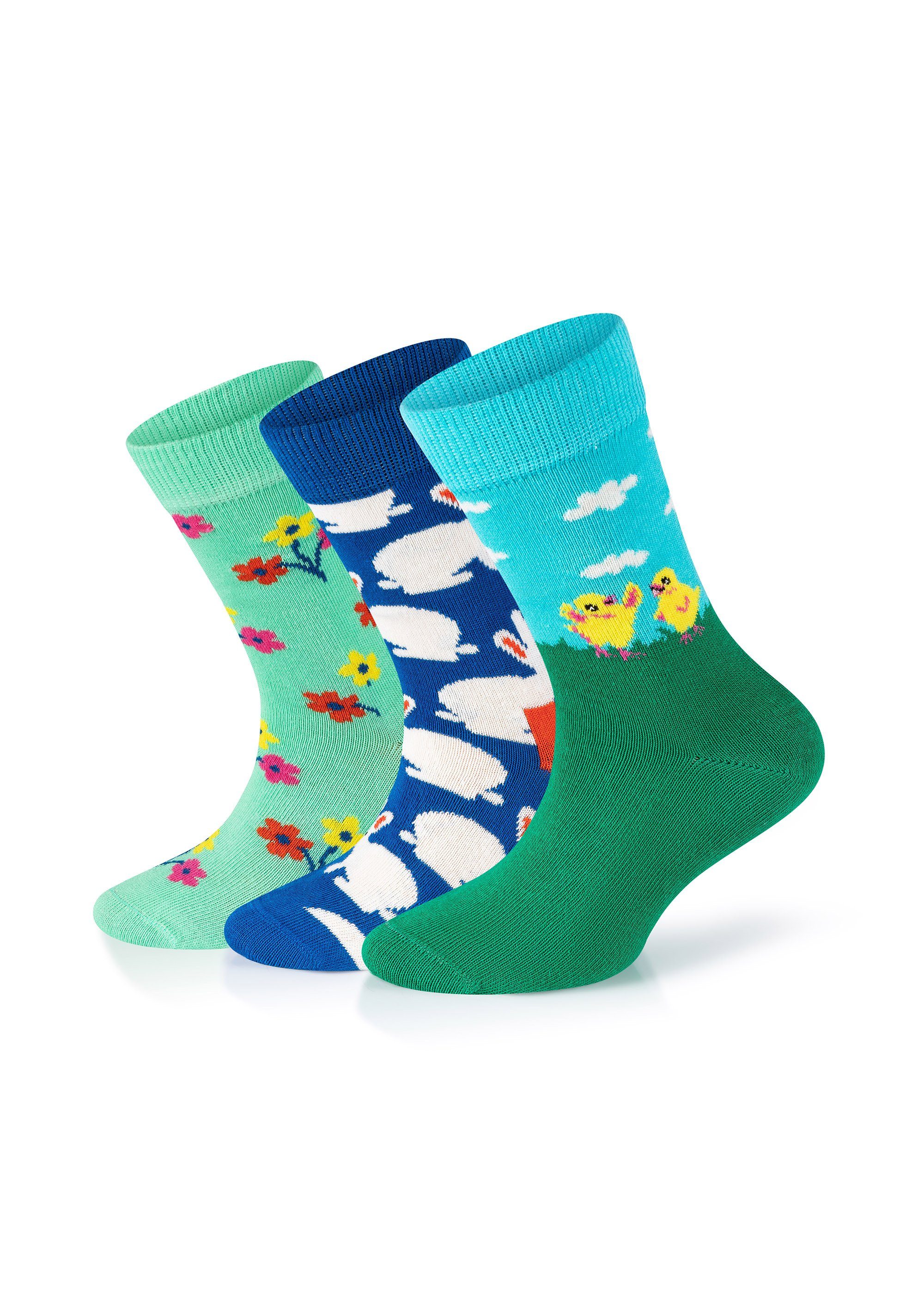 Happy Socks Basicsocken 3-Pack Kids Eastern Chicken-Bunny-Bouquet gekämmte Baumwolle