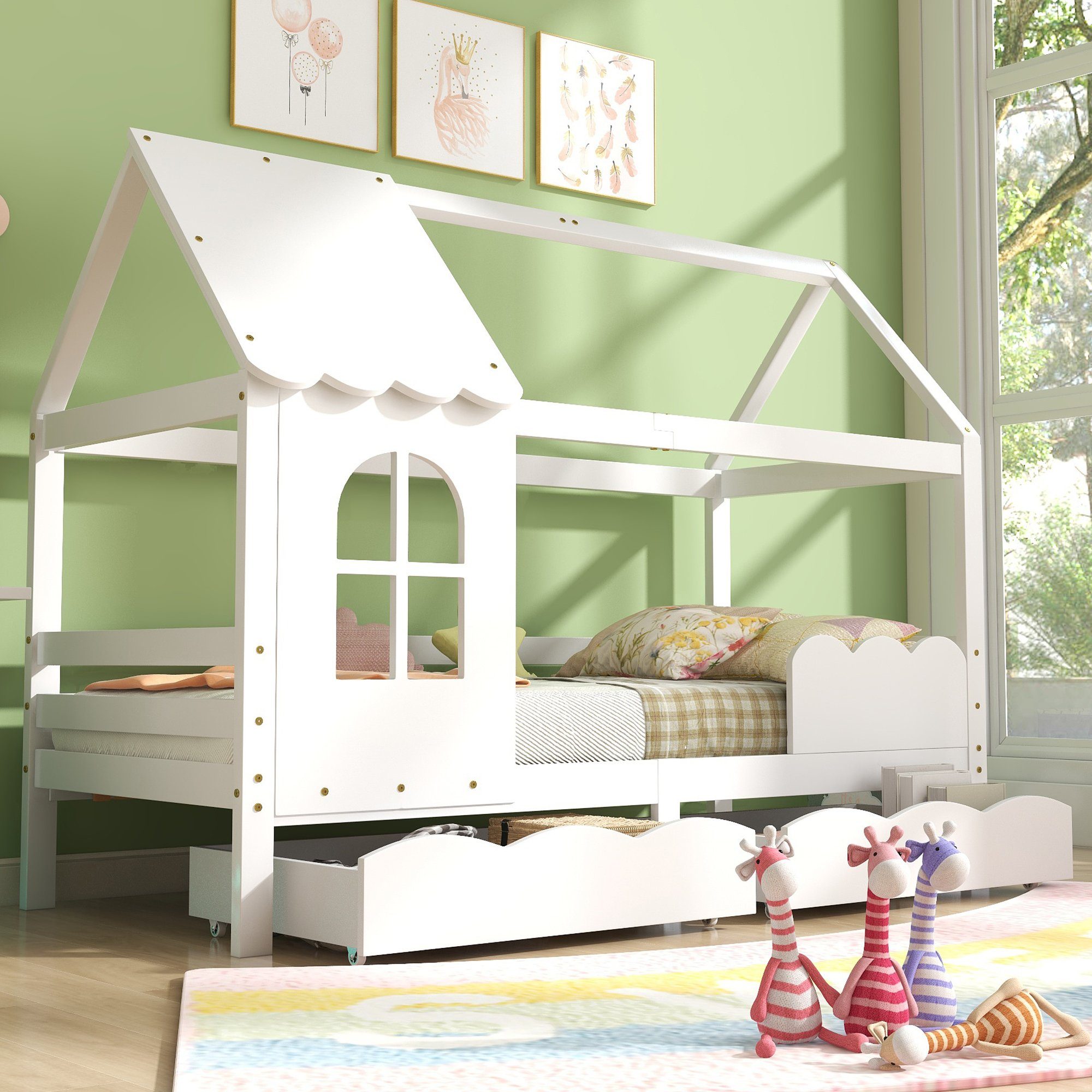 Flieks Kinderbett (mit 2 Schubladen, Rausfallschutz und Lattenrost), Hausbett Kiefernholz Jugendbett 90x200cm