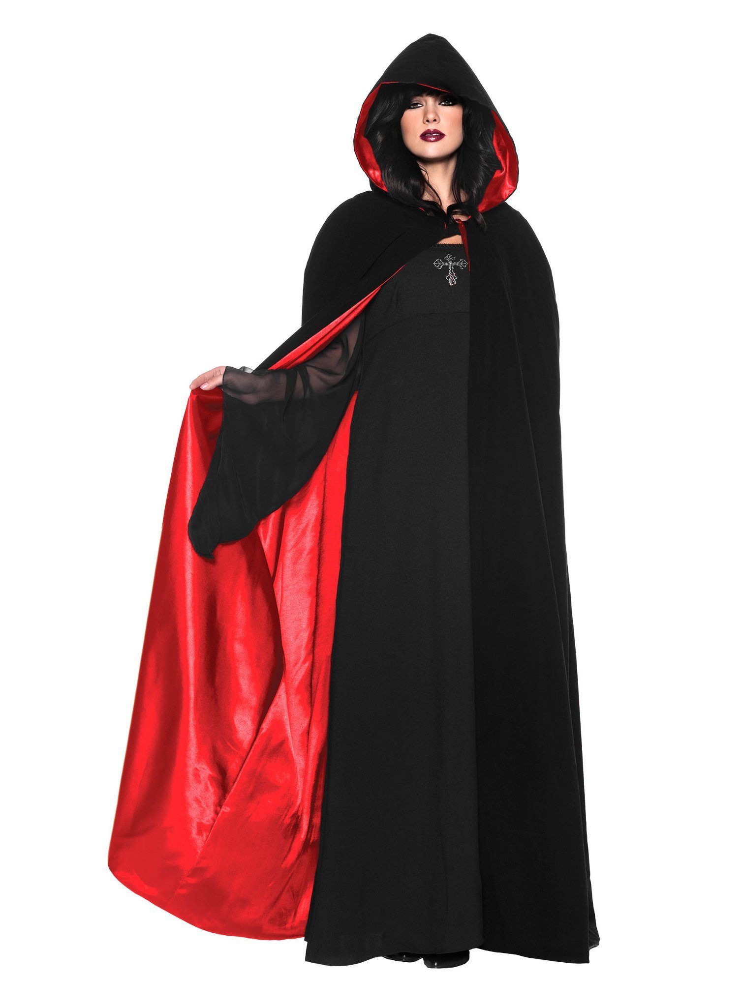 Underwraps Kostüm Kapuzencape schwarz-rot, Düsterer Umhang in hoher Qualität zum tollen Preis