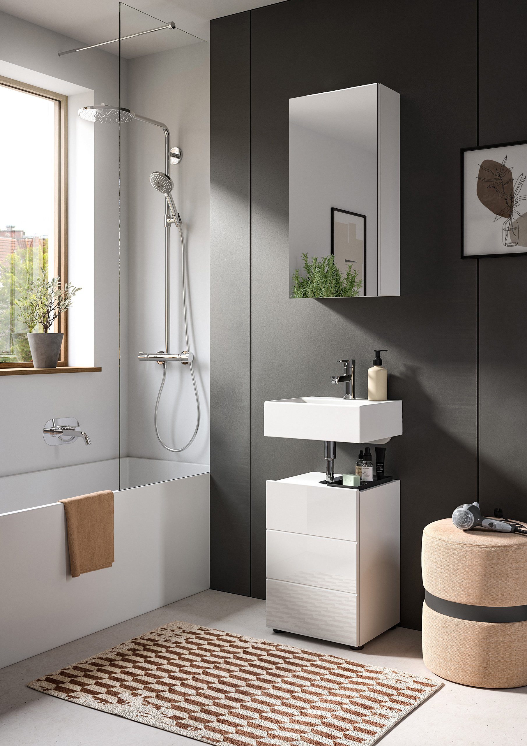 Newroom Badezimmer-Set Valea, Badezimmer-Set Weiß Hochglanz Badezimmermöbel Badezimmer Set Mode...