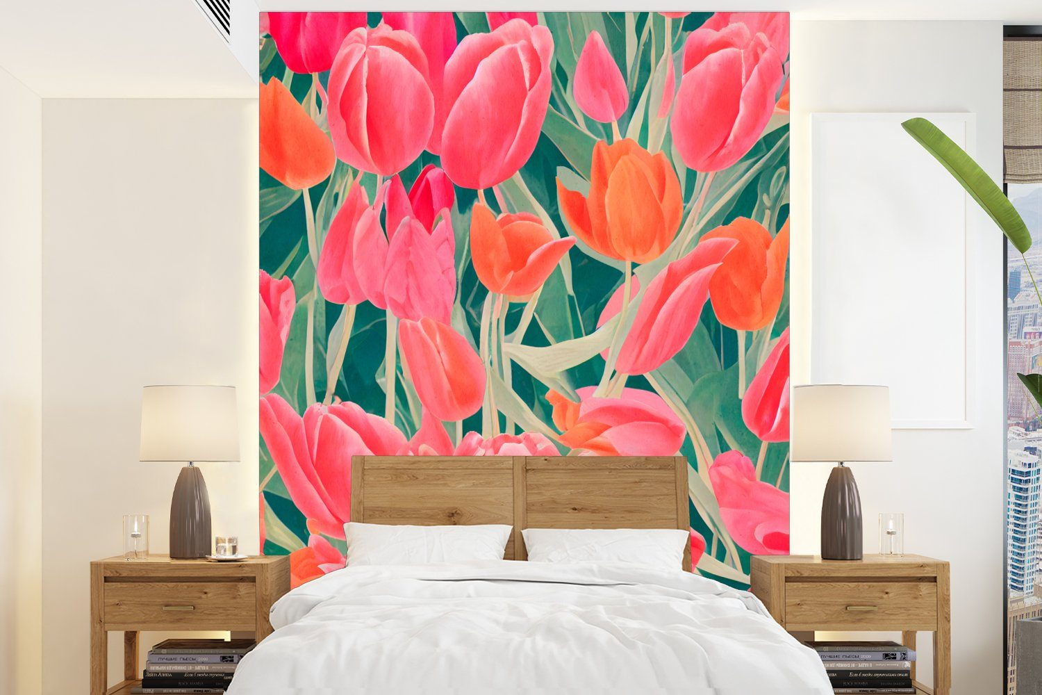MuchoWow Fototapete Tulpen - Blumen - Rosa - Rot - Kunst, Matt, bedruckt, (4 St), Montagefertig Vinyl Tapete für Wohnzimmer, Wandtapete