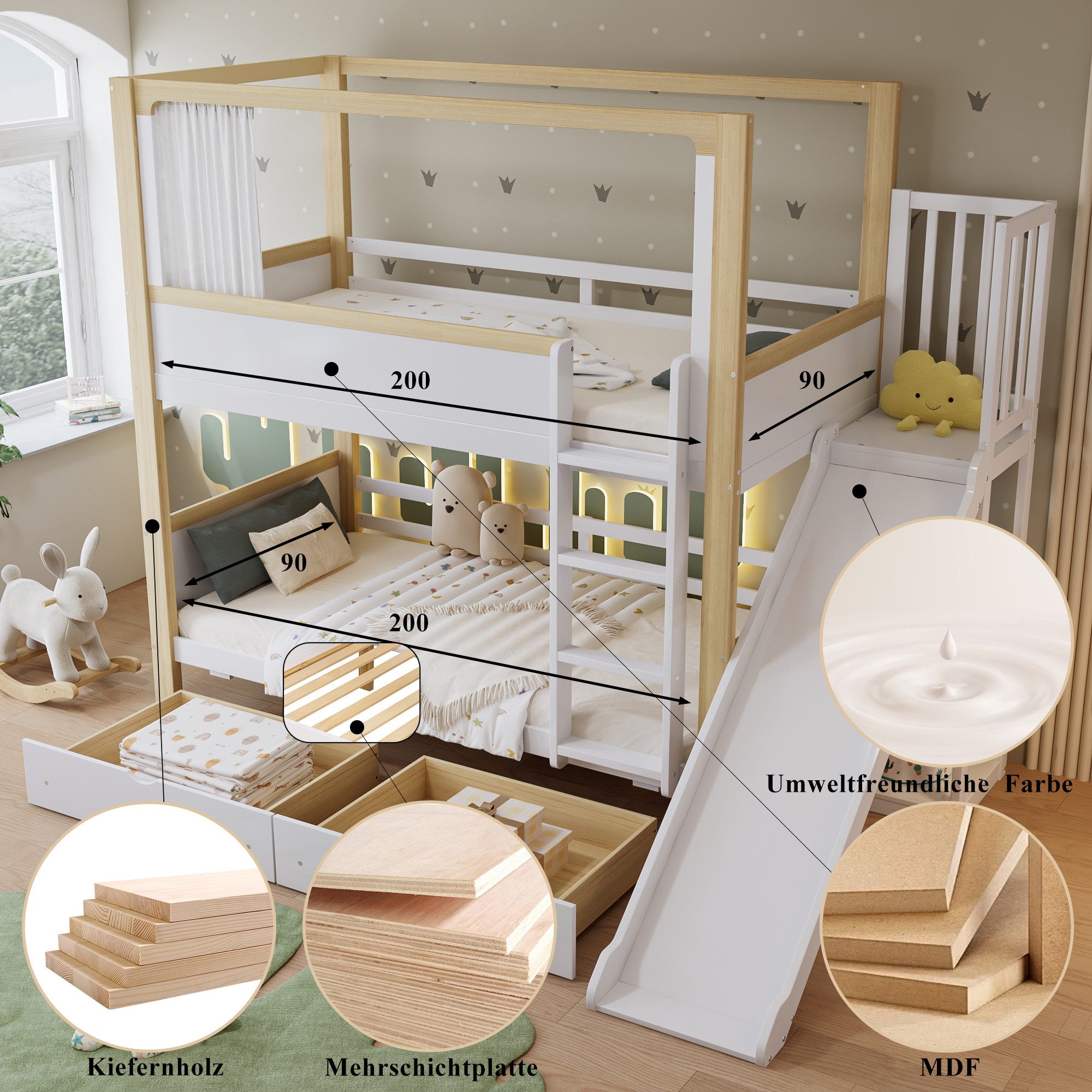 MODFU Etagenbett mit Rutsche (Kinderbett mit 2 Schubladen & Vorhang, Holzbett 90x200 cm), ohne Matratze