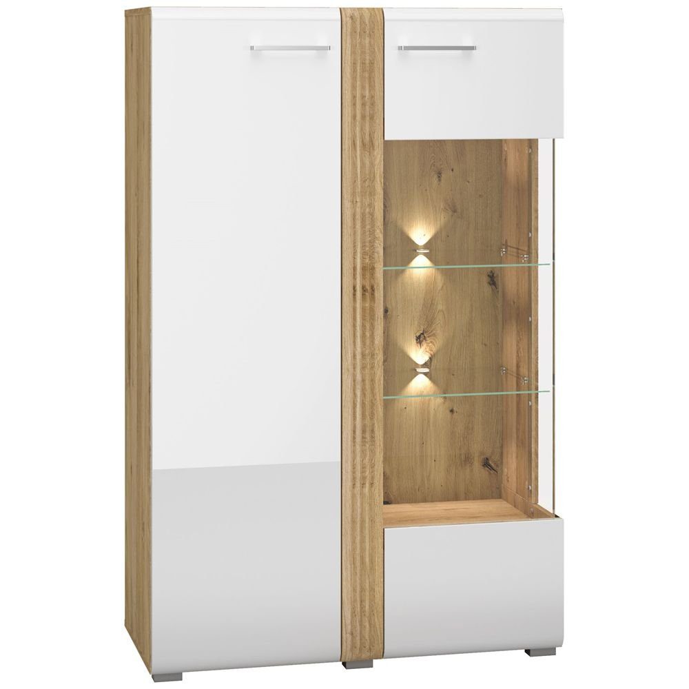 Lomadox Highboard AKRON-131, Vitrine in Eiche Nb mit weiß Hochglanz, B/H/T: günstig online kaufen
