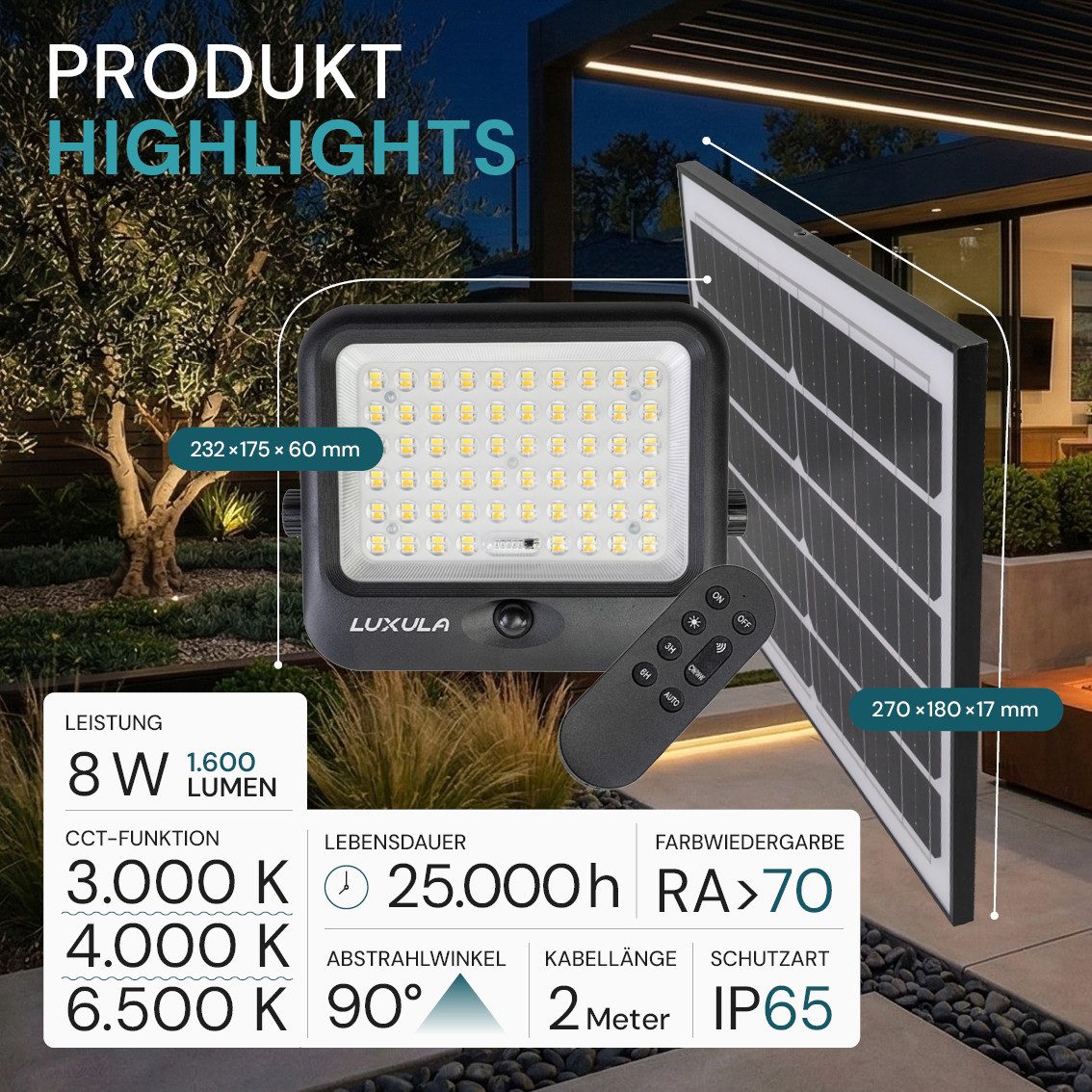 LUXULA LED Solarleuchte LUXULA LED Solar-Fluter 1600 lm, Farbwechsler