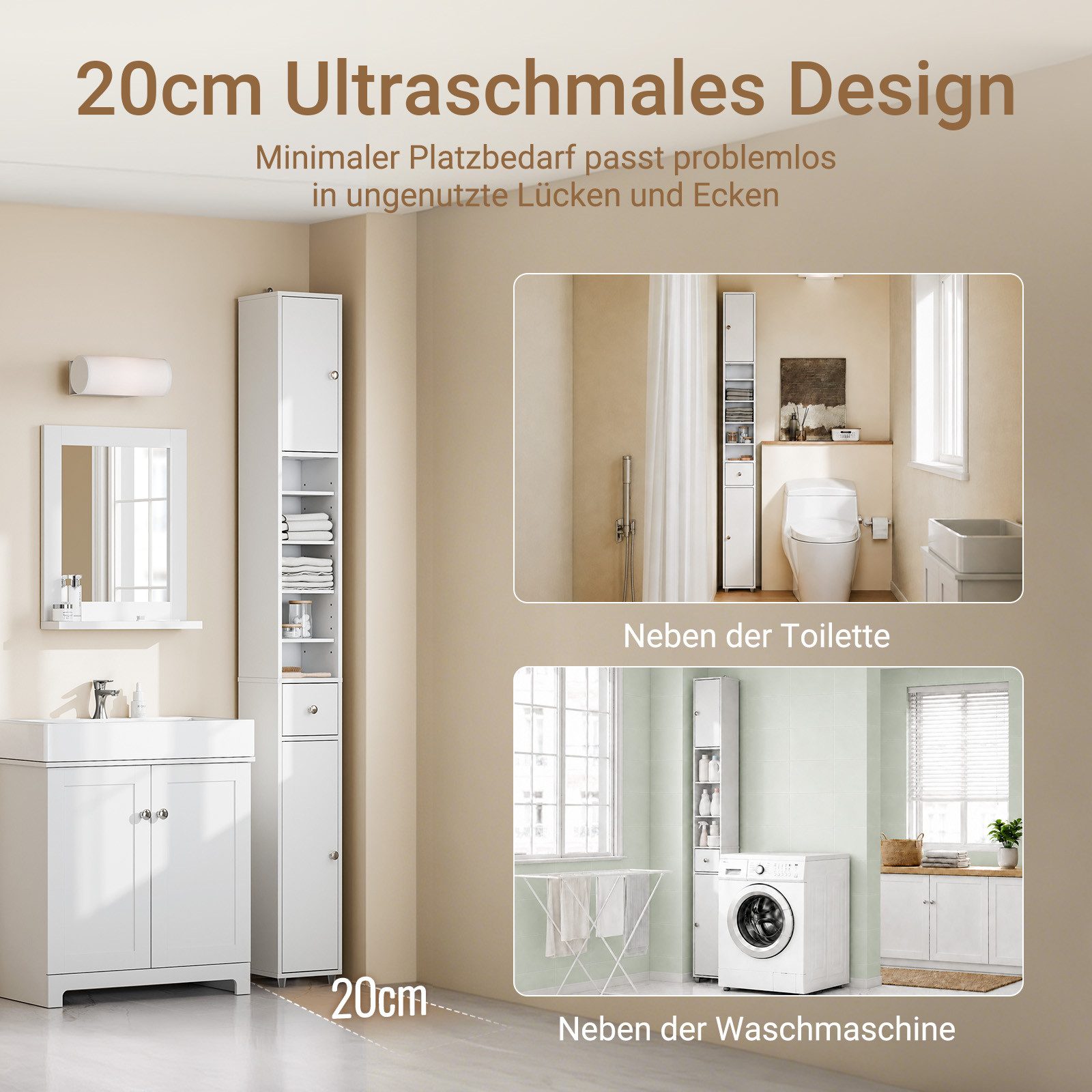 SoBuy Hochschrank BZR34, Badschrank schmal 20 cm, Badezimmerschrank, Hochschrank bad Badkommode, extra Stauraum für kleine Bäder, schlankes Design