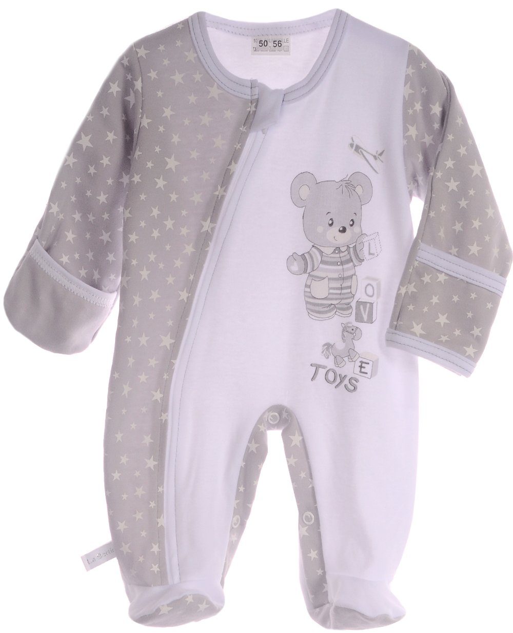 La Bortini Strampler Baby Overall mit Kratzschutz Einteiler in Weiß Grau mit Bärchen aus reiner Baumwolle, 44 50 56 62 68 74 80 86