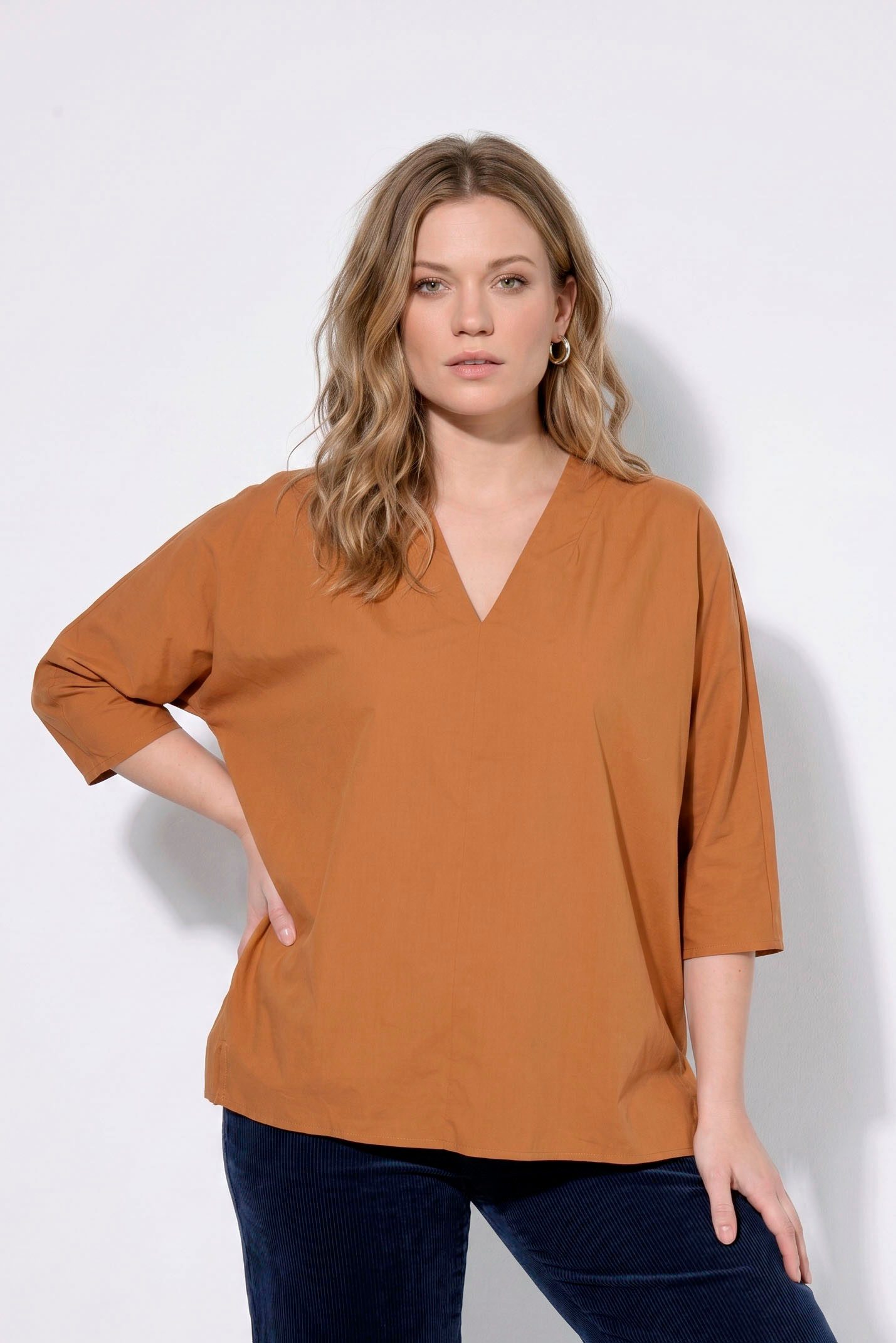 Ulla Popken Schlupfbluse Bluse Ziernaht Kelchkragen 3/4-Arm Biobaumwolle