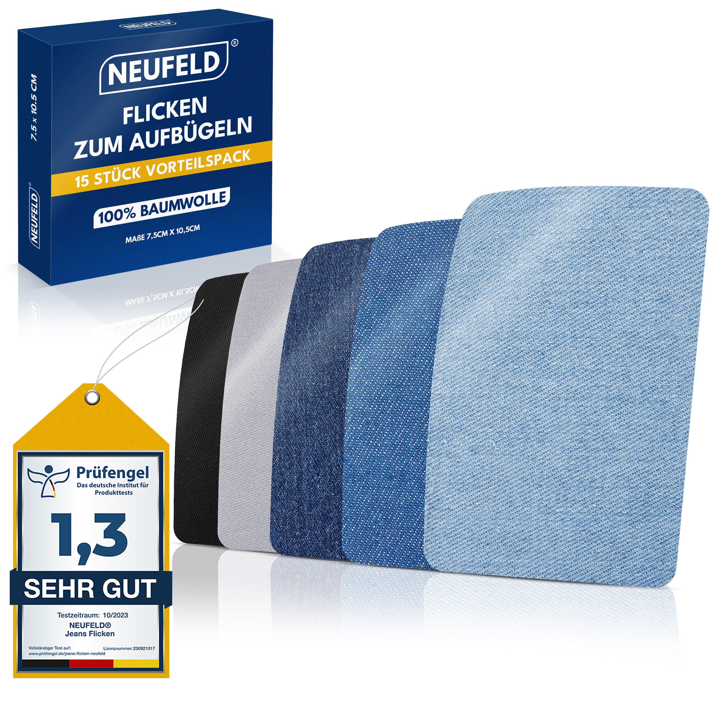 NEUFELD Aufnäher Jeansflicken zum Aufbügeln I 15 Stück I 5 Farben I Bügelflicken