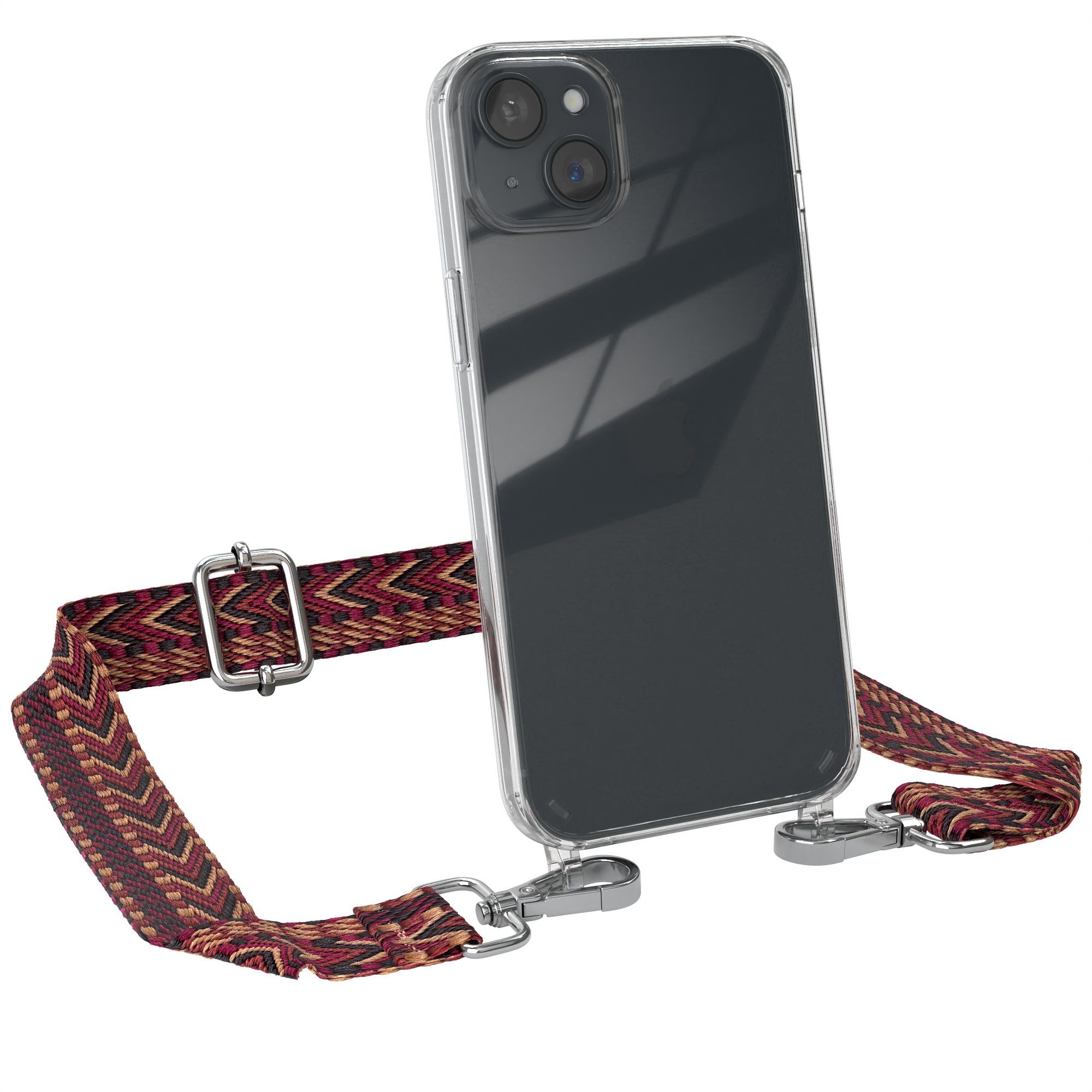 EAZY CASE Handykette Silikonhülle mit Kette für Apple iPhone 15 Plus 6,7 Zoll, dünner Riemen Silikon Hülle zum Umhängen Umhängetasche schmal Etui Rot