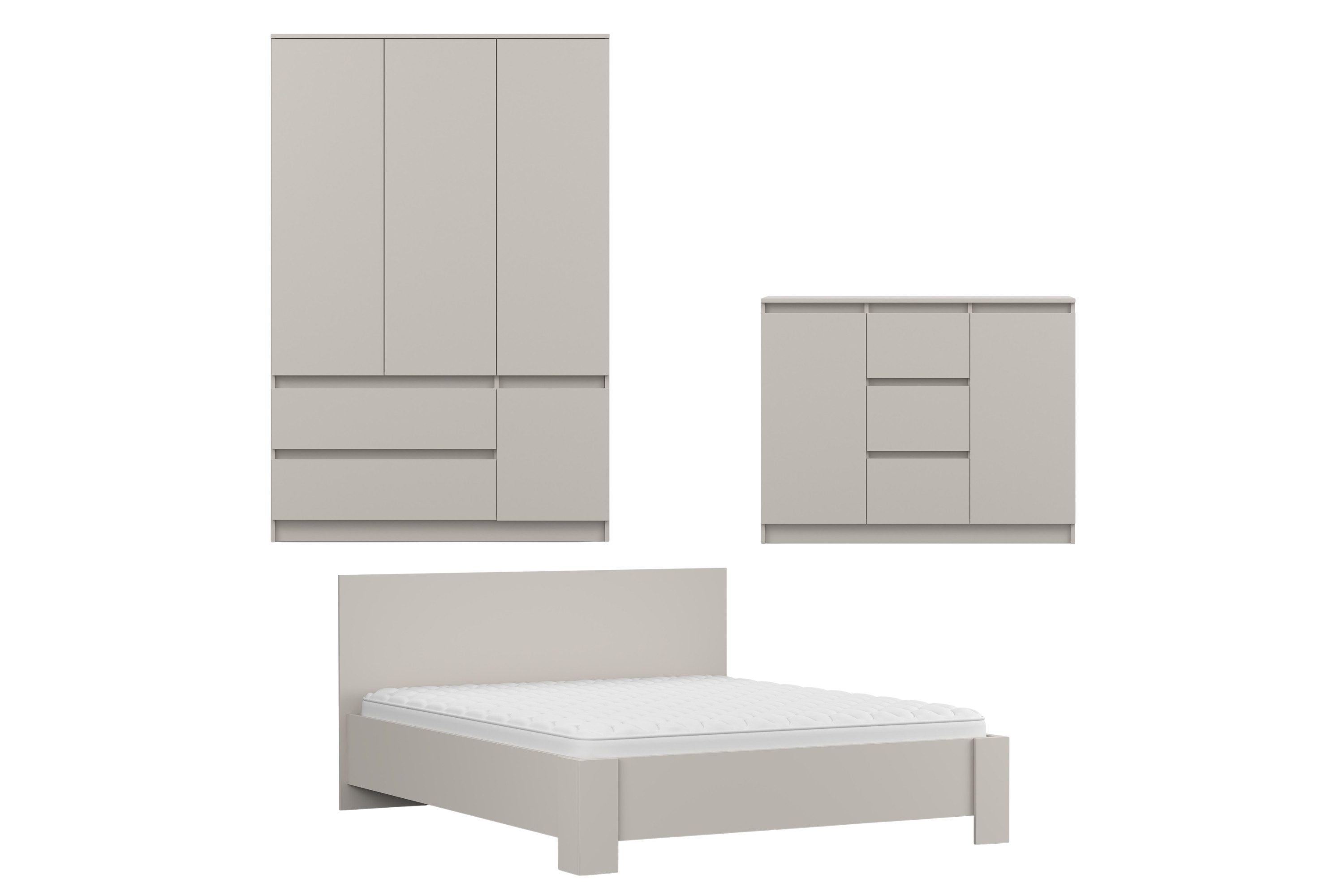 Deine Möbel 24 Schlafzimmer-Set SIMO G in Weiß / Kaschmir, SIMO-Kollektion, inkl. Bett 160x200, (Set, 3-tlg., viel Stauraum), inkl. Kleiderschrank 4-türig & Kommode mit Schubladen