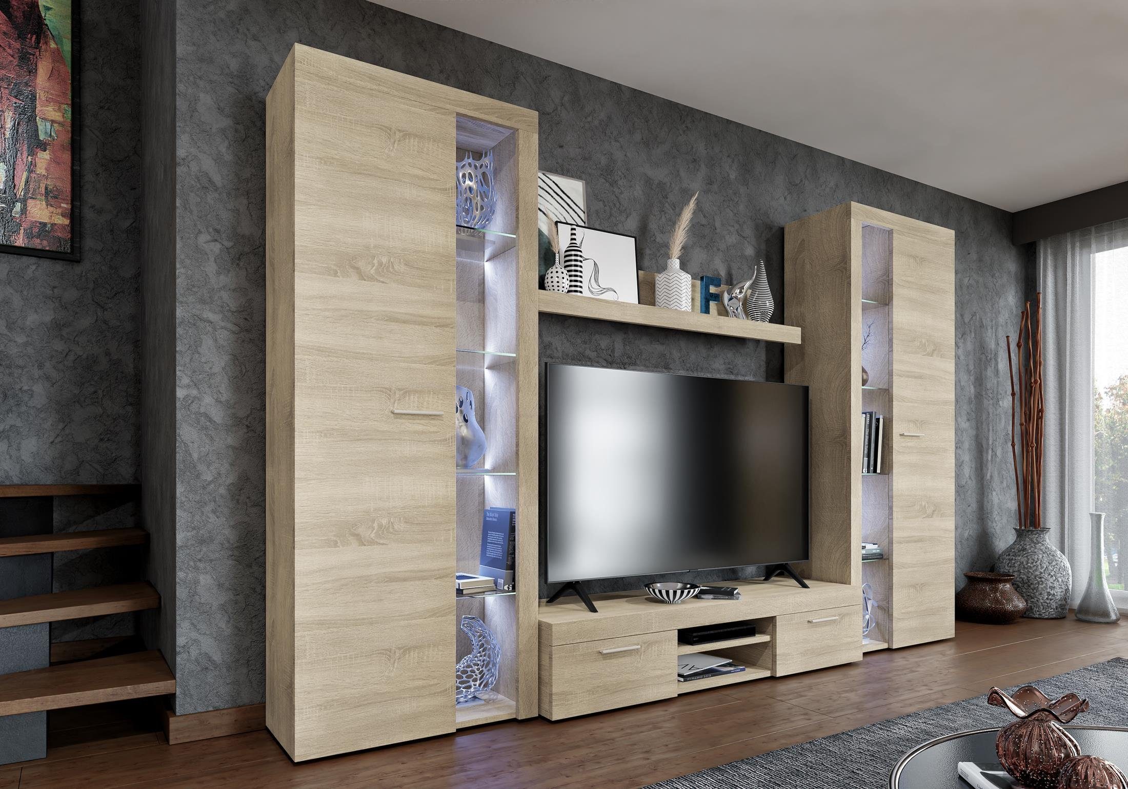 Furnix Wohnwand MARCUSS XL moderne und zeitlose Mediawand B300xH190xT40,2 cm ohne LED, (Komplett-Set, 2x Hochschrank teilverglast, 1 TV-Schrank, 1 Wandregal), Kanten mit Melamin bezogen, elegante Verglasung