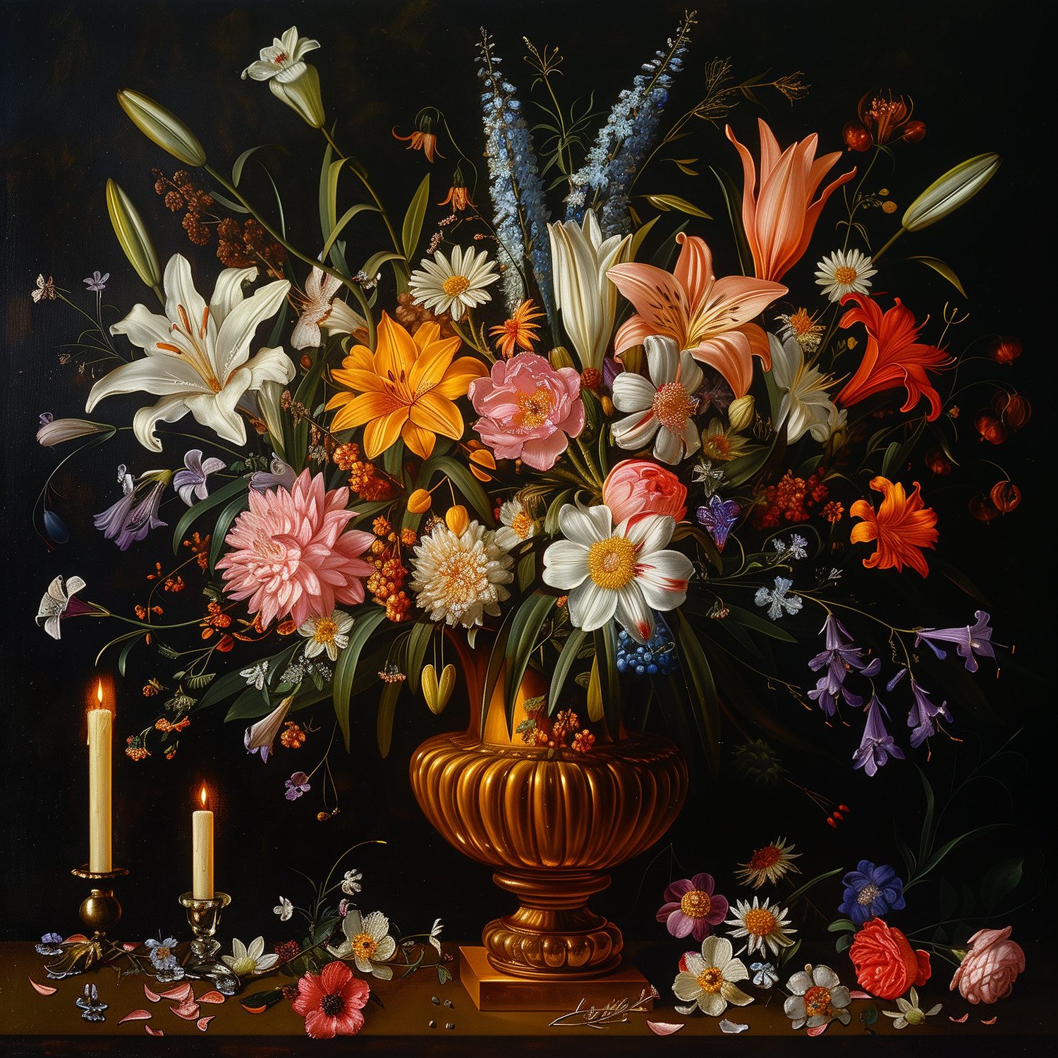 queence Leinwandbild Blumenstrauß und Kerzen, Blumen, Blumenbilder, Gemälde, Kunst, Pflanzen, Pflanzenbilder, Romantisch, Stillleben, Vasen, Vasen & Töpfe (1 St), Premium-Leinwandstoff, Handarbeit aus Deutschland