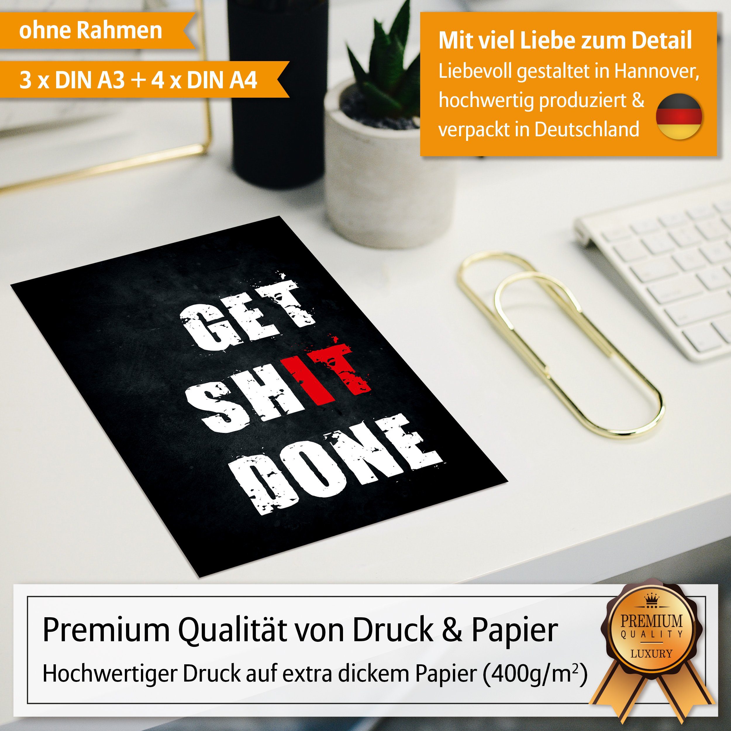 Hyggelig Home Poster Motivation - Premium Poster Set OHNE & MIT Rahmen - 7 Wandbilder Fokus, Sprüche (Set, 7 St), Collage schwarz weiß, Qualitätsdruck dickes Papier