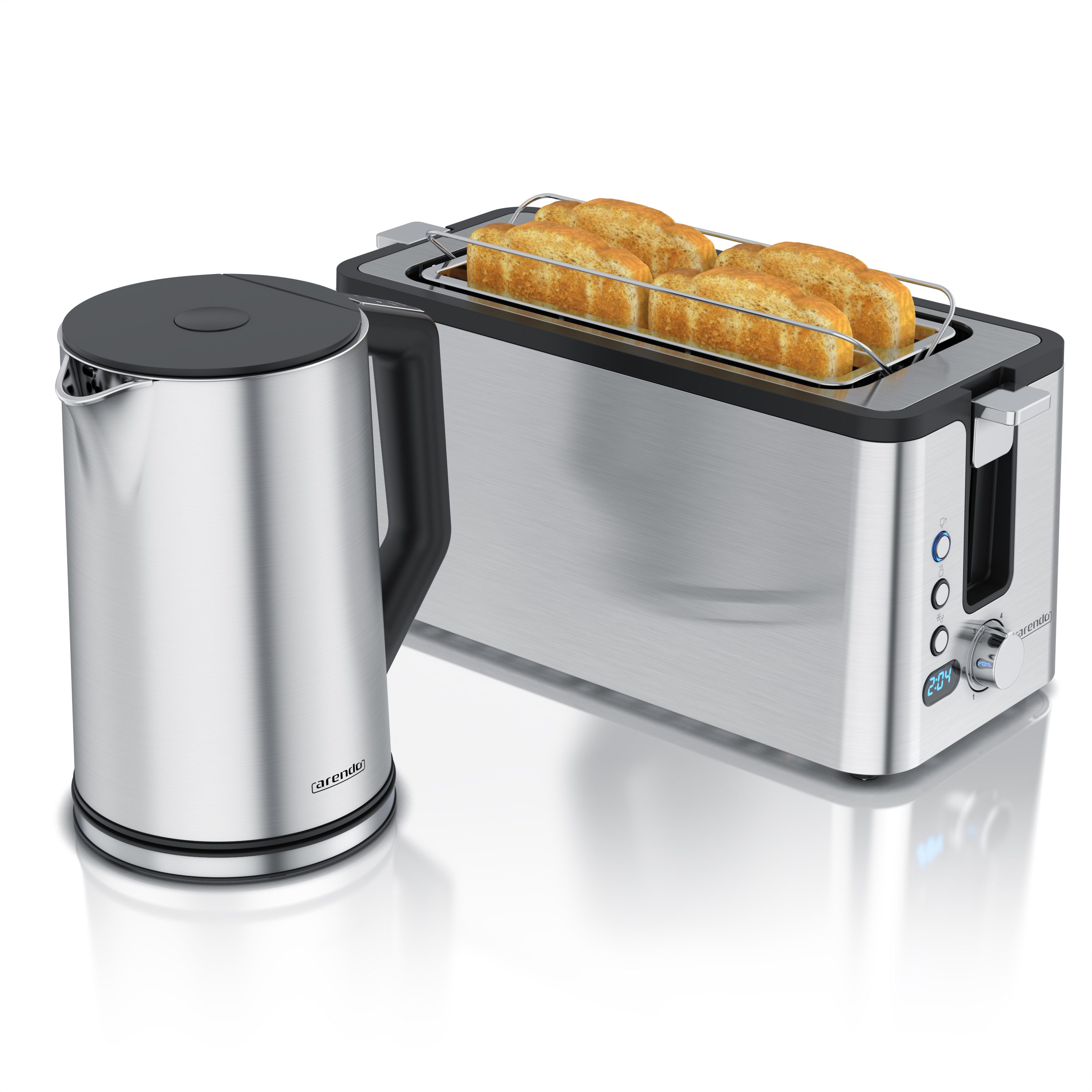 Arendo Frühstücks-Set Edelstahl Wasserkocher 1,5l, 4-Scheiben Langschlitz Toaster, silber (2-tlg), Wasserkocher mit Temperatureinstellung, …
