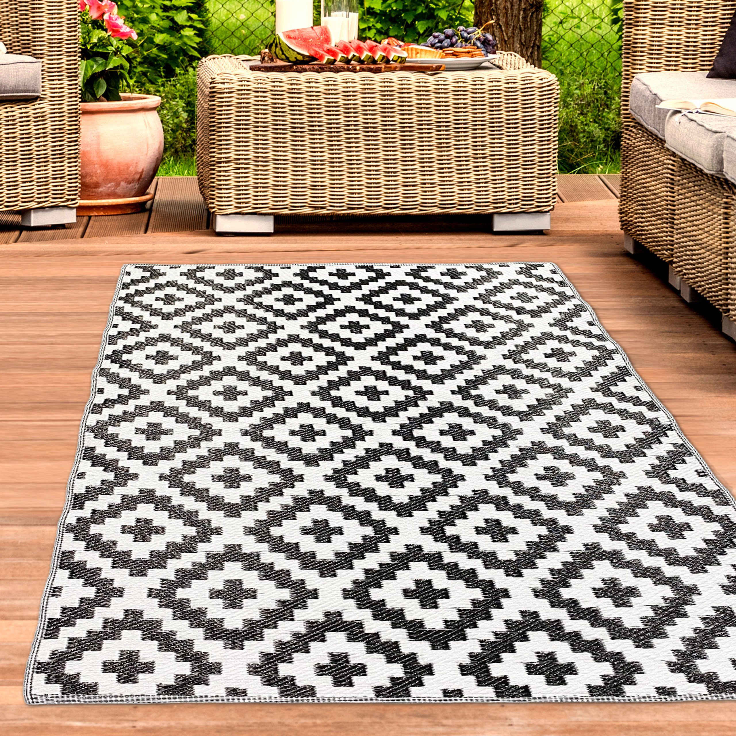 Outdoorteppich Strapazierfähiger Ethno-Outdoor-Teppich in schwarz weiß, Carpetia, rechteckig