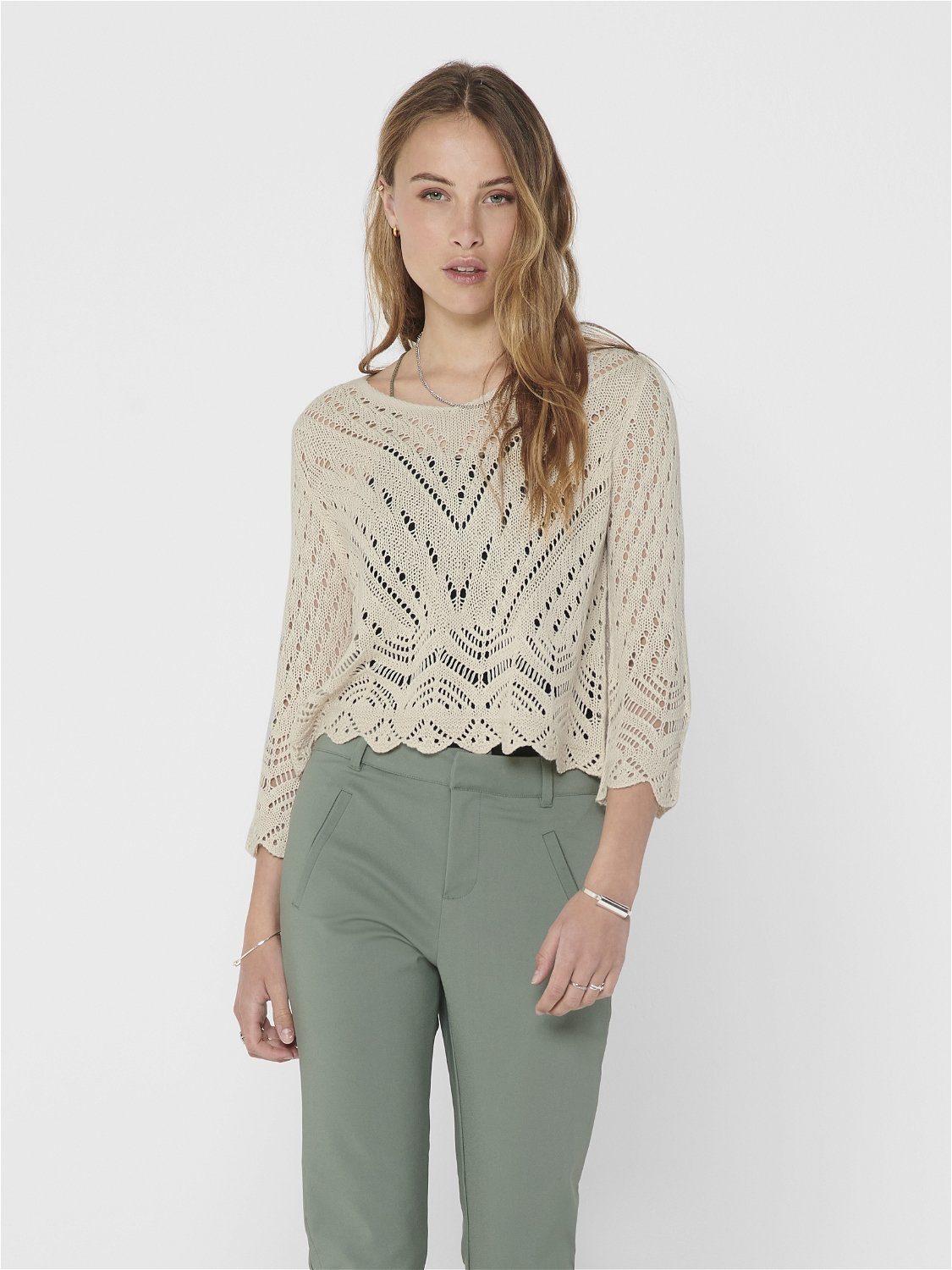 DISCIPBUSH Häkelpullover Für Damen – Weißes Langarm-Top, Rundhals, Lässiger Strandüberzug & Sommer-Oberteil