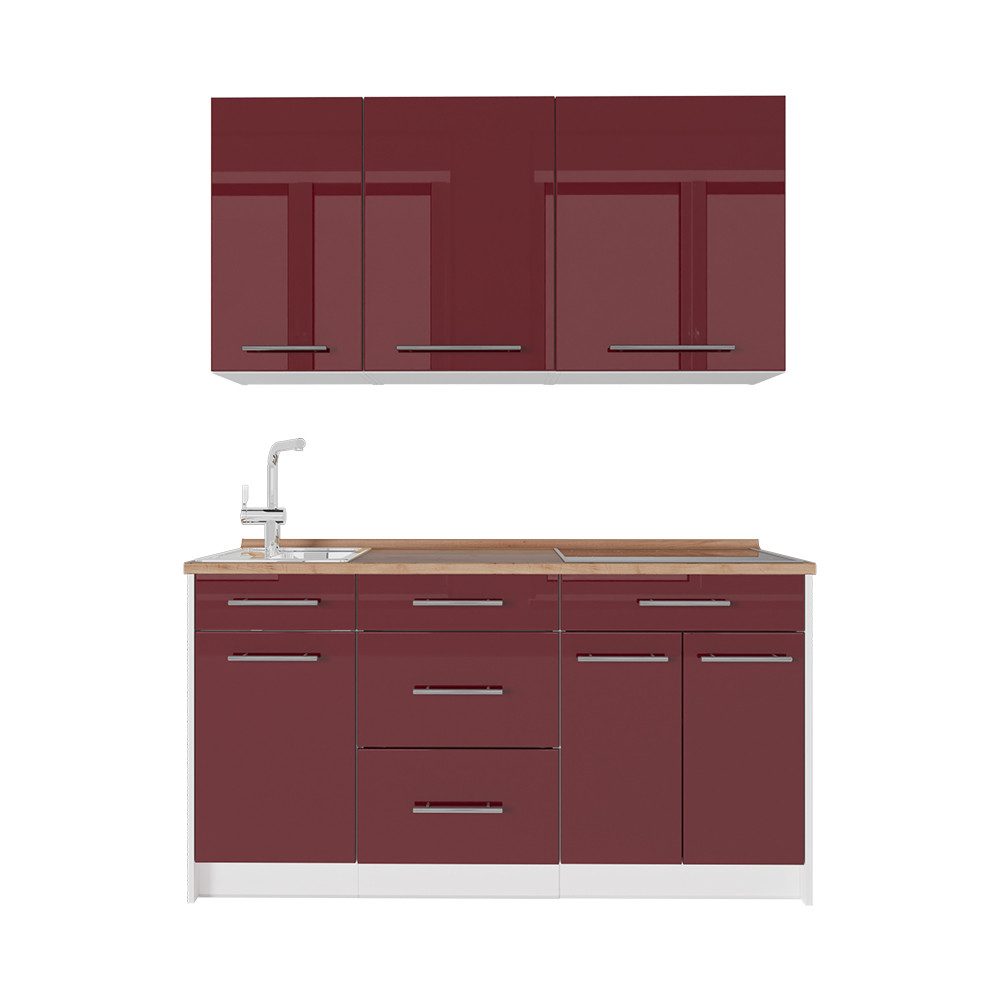 Vicco Küchenzeile Fame-Line, Bordeaux Hochglanz/Weiß, 150 cm, AP Eiche
