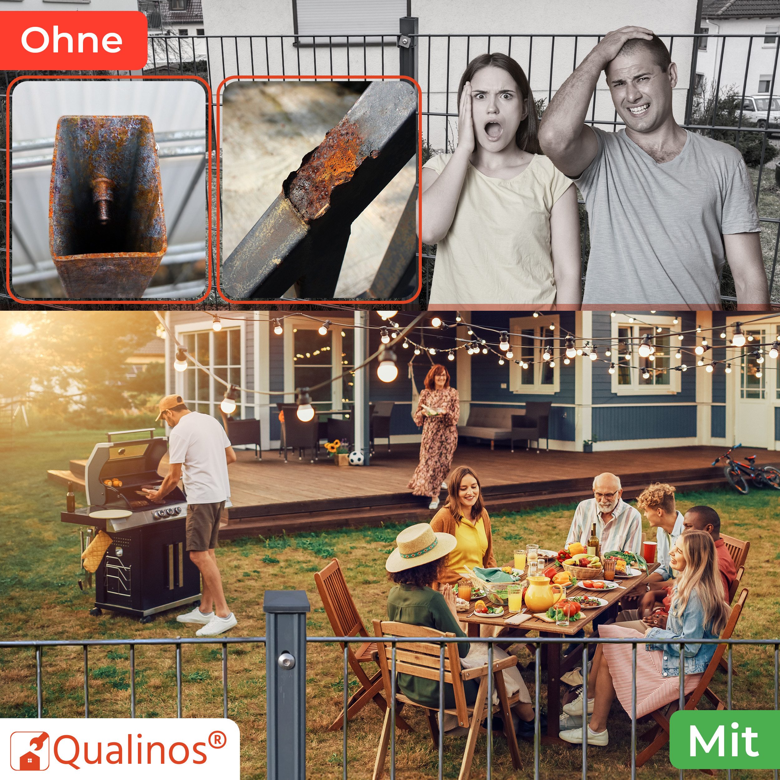 Qualinos Pfostenkappe Sicherungssteg für Doppelstabmattenzaun Zaunpfosten 60x40 mm UV-stab. (Vorteilspack, 10 St., Für 60x40mm Metallpfosten mit Sicherrungssteg), UV-Stabilisiert, Frostsicher, Made in Germany, zum Vernieten