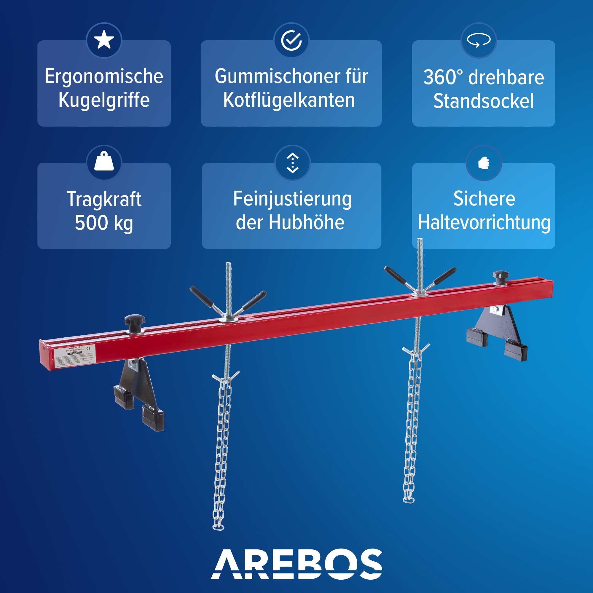 Arebos Werkstattkran Motorbrücke 500 kg – lackierter Stahl, 360 ° Standsockel, kugelgriffe, Stück Material: Lackierter Stahl, Handgriffe aus Kunststoff, Gummierte Füße