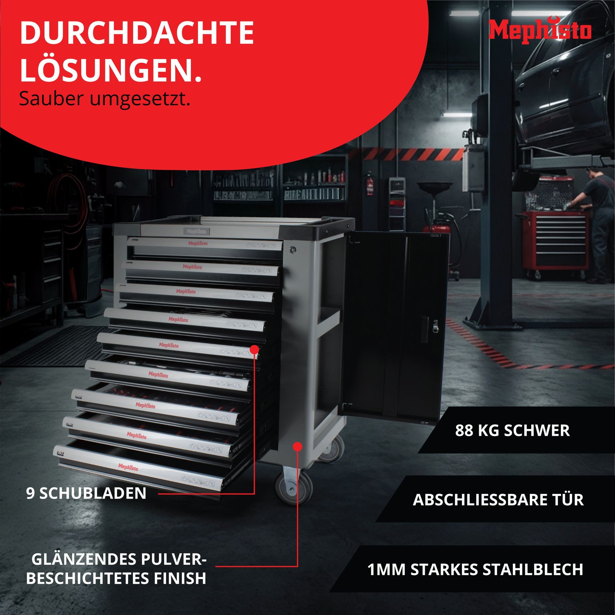 Mephisto-Tools Werkzeugwagen, (fertig montiert und bestückt), 9 abschließbare Schubladen, Werkzeug ist aus hochwertigem CRV