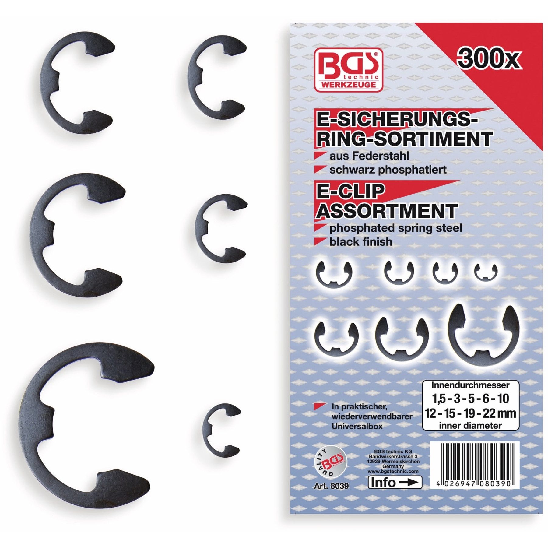 BGS technic Sicherungsring BGS TECHNIC E-Sicherungsring-Set, 8039, 1,5...22mm, 300-tlg