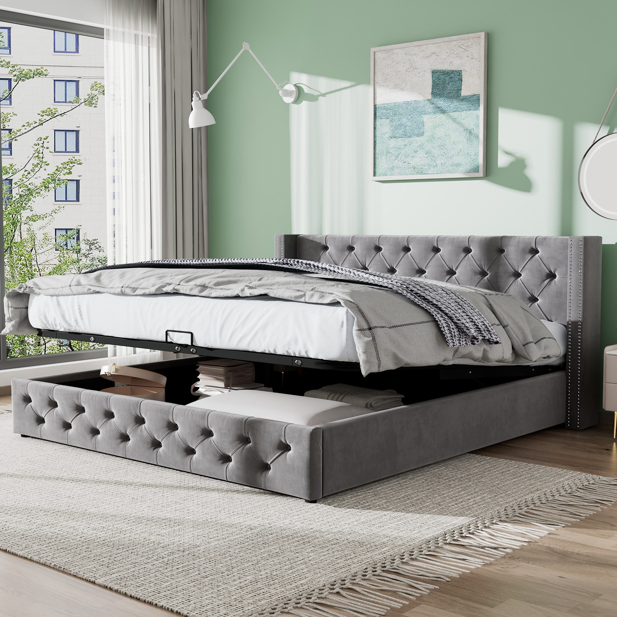 MODFU Polsterbett Doppelbett mit Bettkasten gepolstertem Kopfteil (Bettunte günstig online kaufen