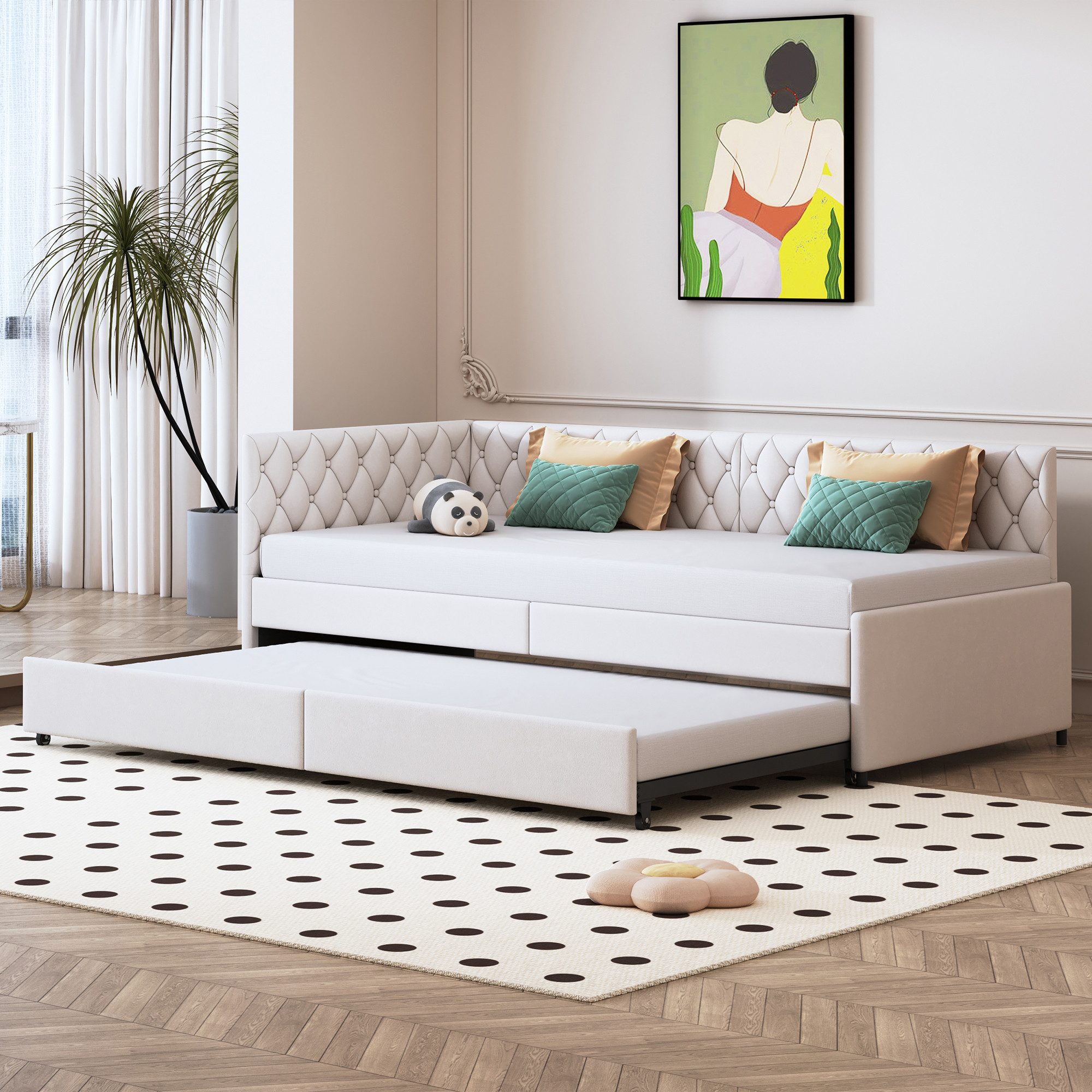 zebery Polsterbett Daybett 90x200cm,Tagesbett Schlafsofa mit Ausziehbett 90x190cm, Beige,Kinderbett mit Lattenrost, Samt