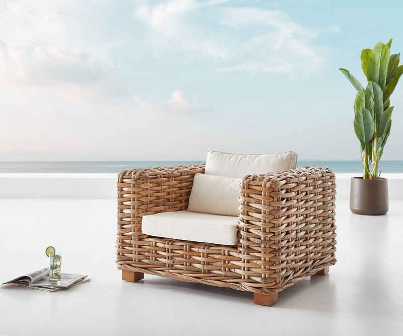 DELIFE Gartensessel Nizza, natur aus Rattan mit Kissen weiß Loungesessel