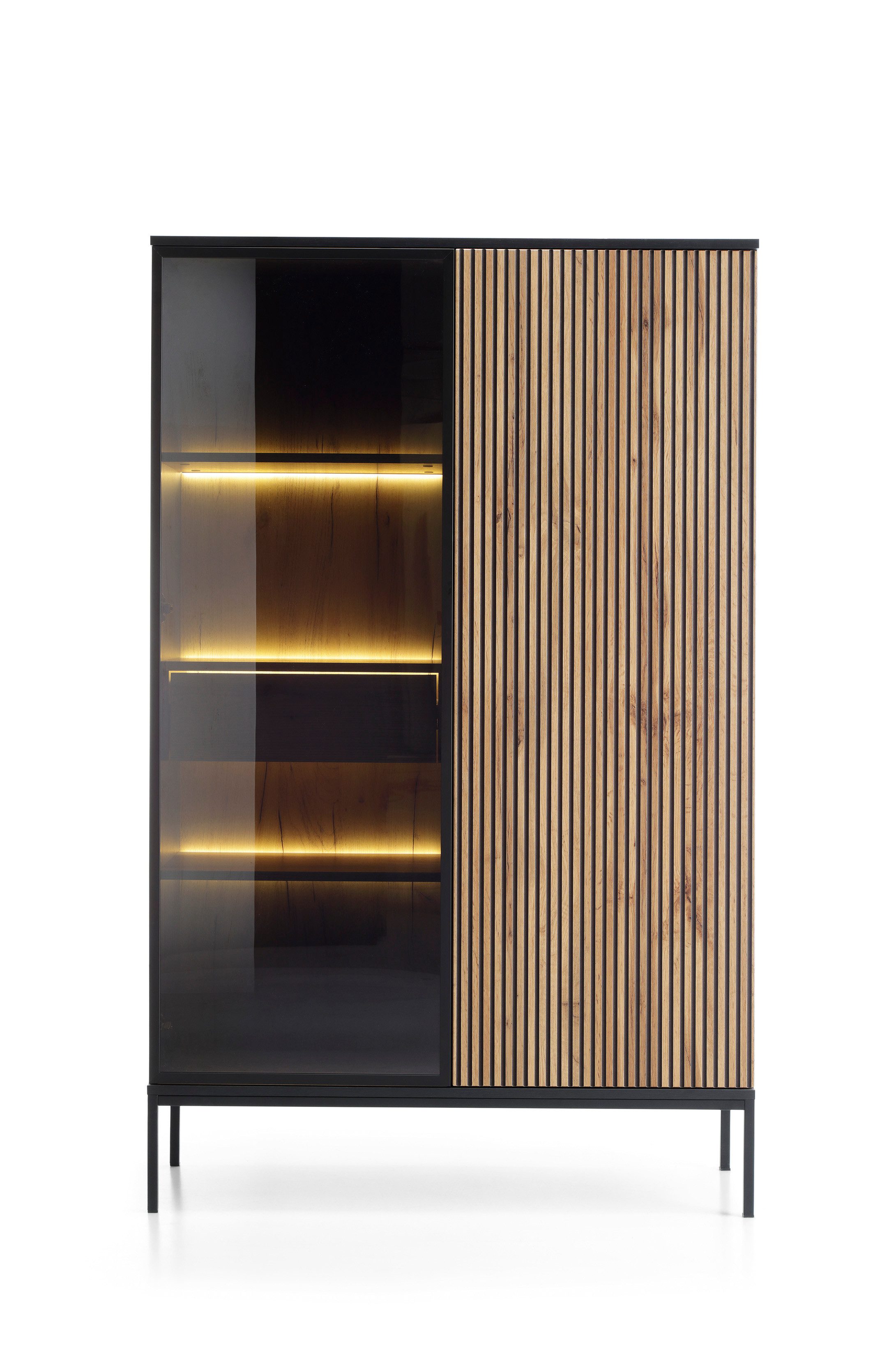 yourhouse24 Vitrine SANTIA 104 cm Industrial-Vitrine – Eiche & Schwarz mit LED