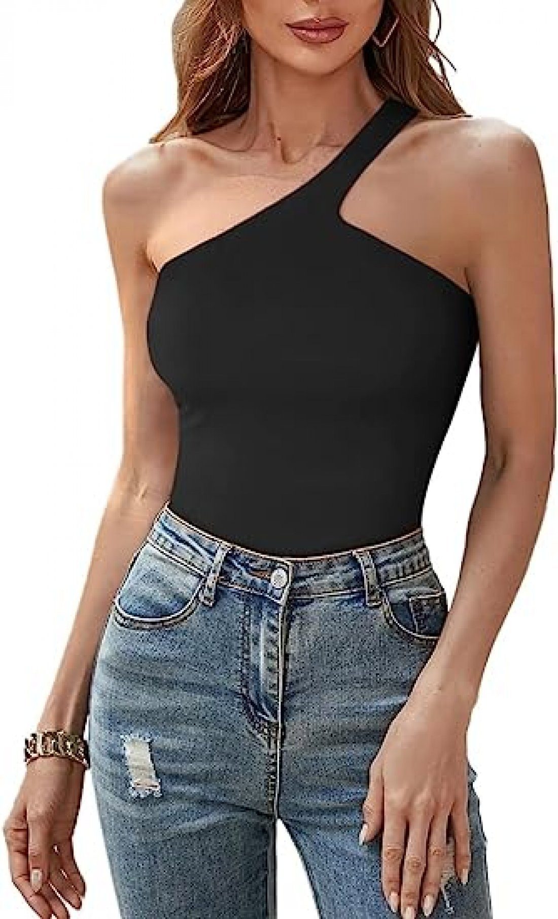 carefully selected Strickweste Sexy Camisole für Damen–eine Schulter-ärmellos, rückenfrei Schwarz