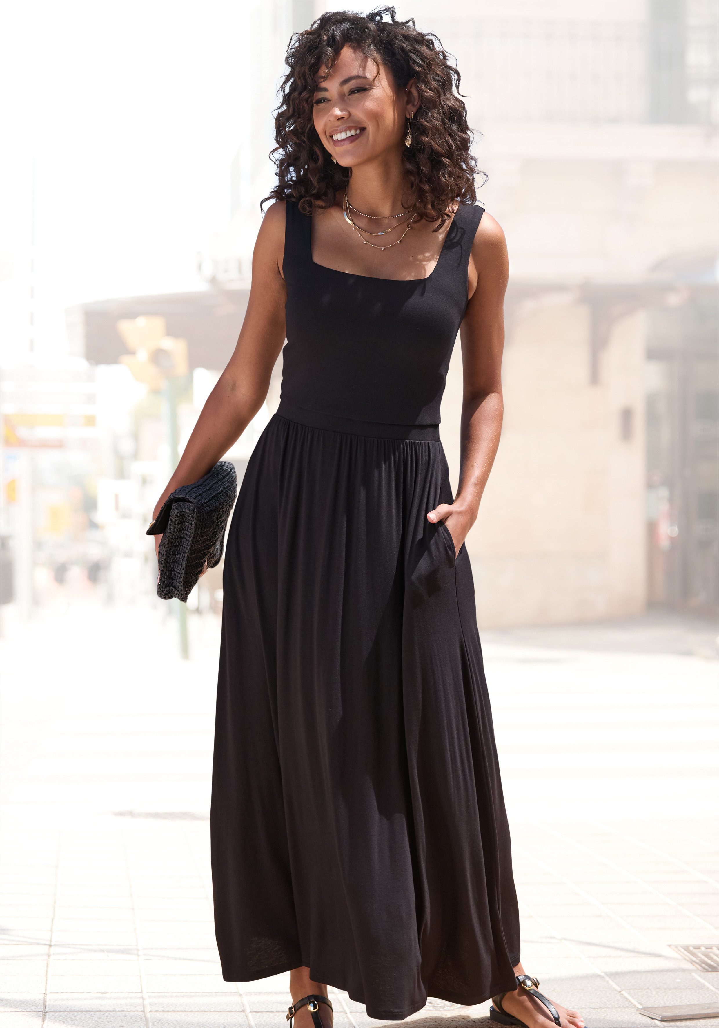 Vivance by Lascana Midikleid mit Taschen aus weicher Viskose-Stretch-Qualität luftiges Jerseykleid, Basickleid, elegantes Sommerkleid, Trägerkleid