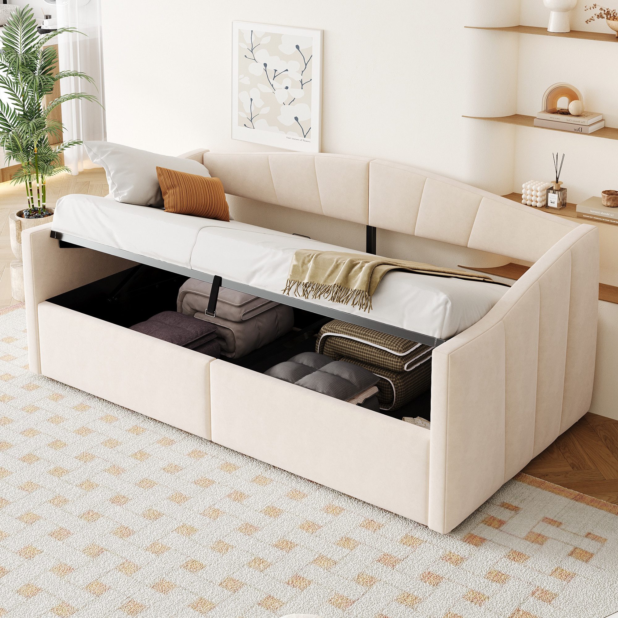 STILVORA Schlafsofa mit bettkasten Polsterbett 90×200 mit stauraum Tagesbett mit Armlehnen, mit hydraulischem Stauraum, Lattenrost und Armlehnen, gestreifter Samtstoff, ohne Matratze