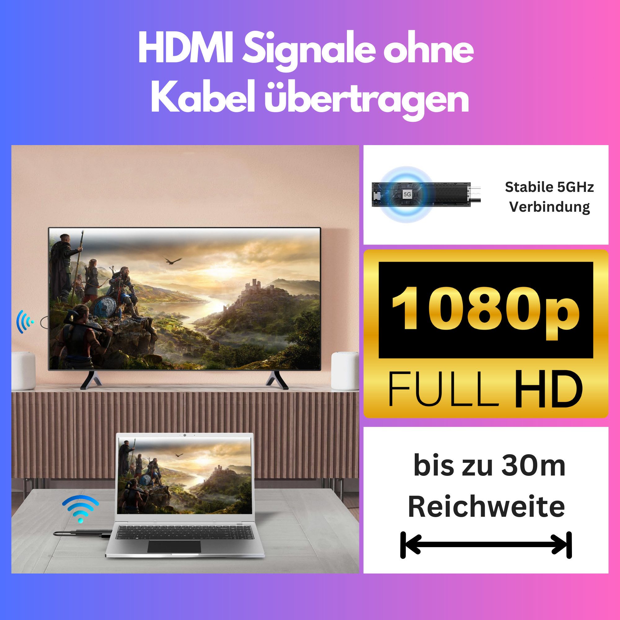 Orbsmart Nano Wireless HDMI Sender & Empfänger Set für TV, Beamer, PC & Laptop HDMI-Adapter HDMI zu HDMI, Transmitter, 1080p Full HD, 30m Reichweite, Plug & Play
