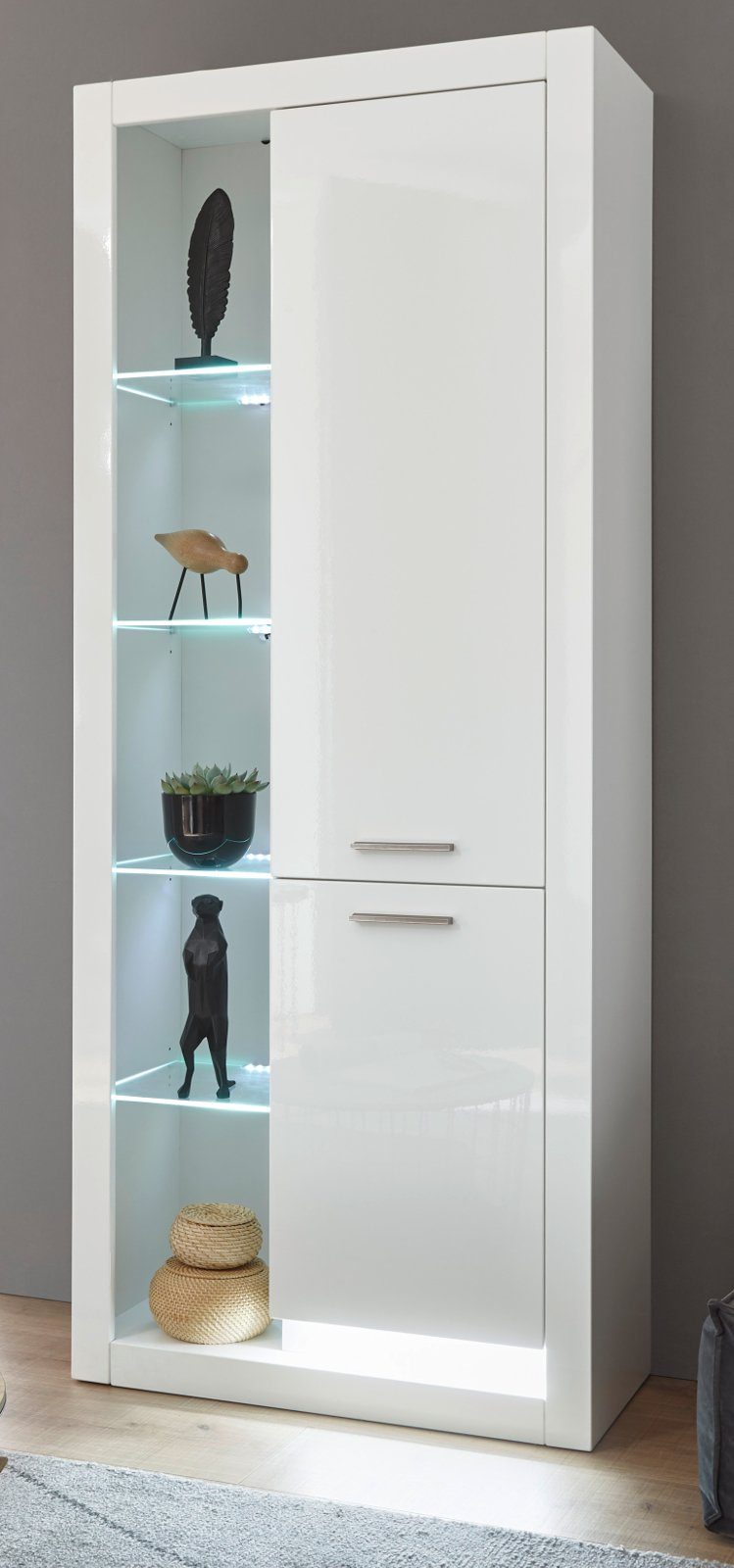 Furn.Design Stauraumvitrine Ladis (Vitrinenschrank in weiß Hochglanz, 80 x 195 cm) 10 Fächer