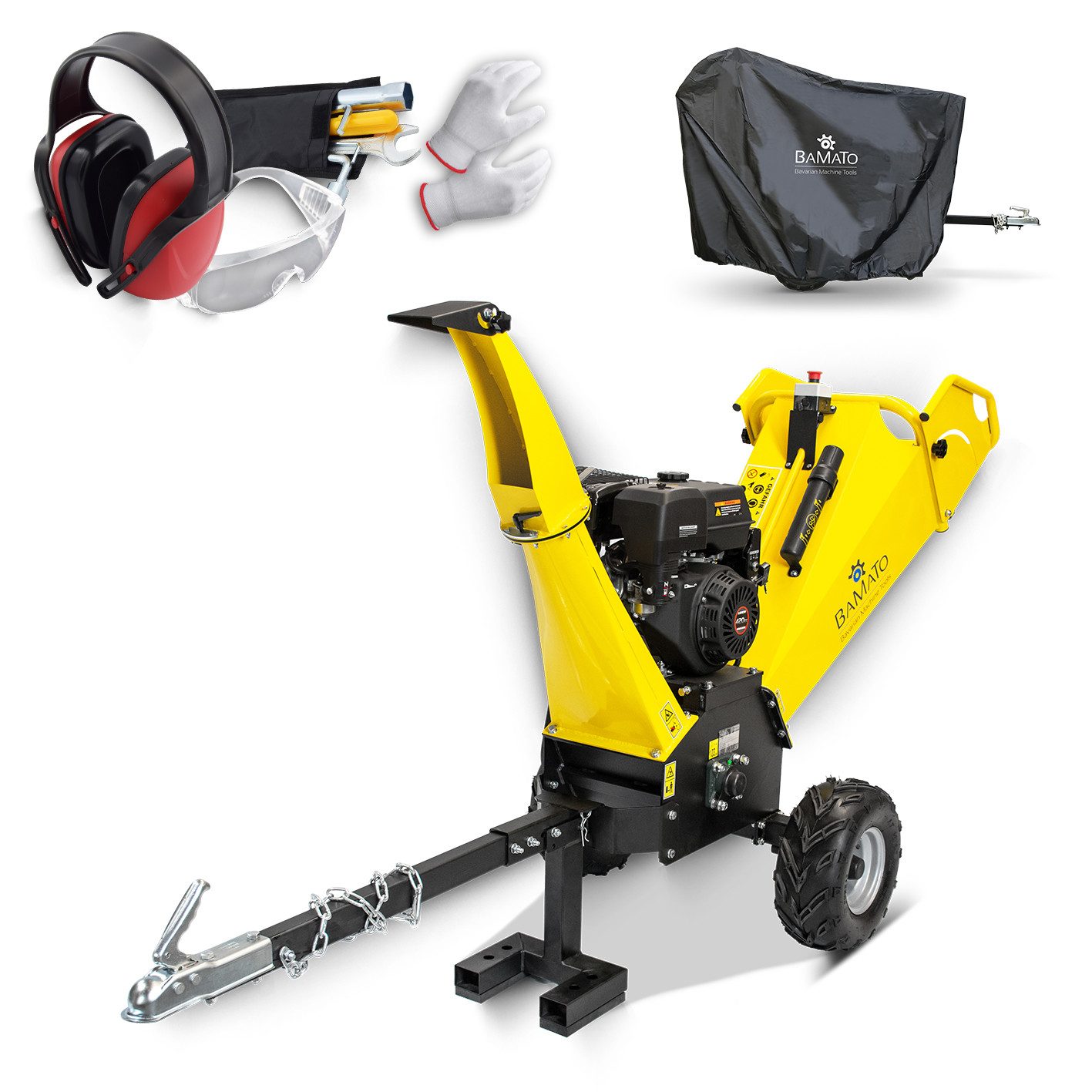 BAMATO Häcksler HACK-150, 12 cm max. Astdurchmesser, (1-St), E-Start, Luftbereifung, Holzhäcksler, 9kw Häcksler