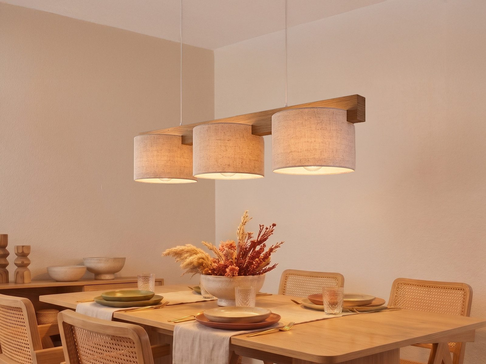 meineWunschleuchte mit Holz-Balken & Stoff, Breite 100cm, ohne Leuchtmittel, Esstisch-Lampe hängend, Holzlampe skandinavisch, Esszimmerlampe groß