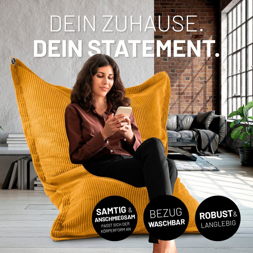 Lumaland Sitzsack itzsack Indoor Cord 380l senfgelb, kuscheliger Cord-Bezug - perfekt fürs moderne Zuhause