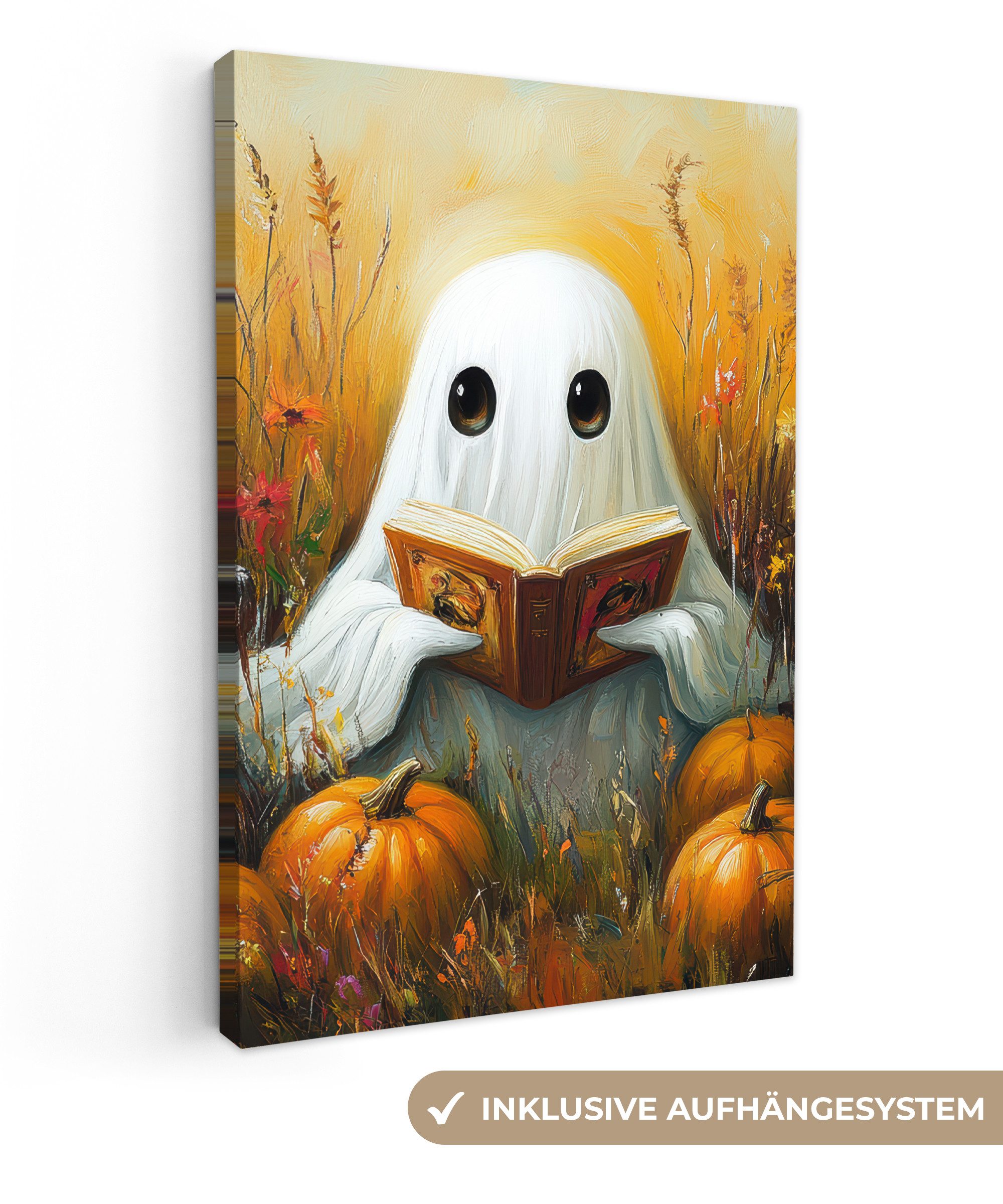 OneMillionCanvasses® Leinwandbild Halloween - Geist - Herbst - Kürbis - Blumen - Natur, Fotodruck (1 St), Leinwand Canvas Wandbild, Wanddekoration 20x30 cm