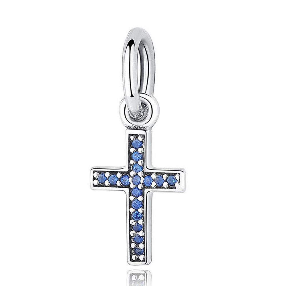 PANDACHARMS Bead Blaues Kreuz Anhänger für Charm Armband, 925er Silber, Zirkonia