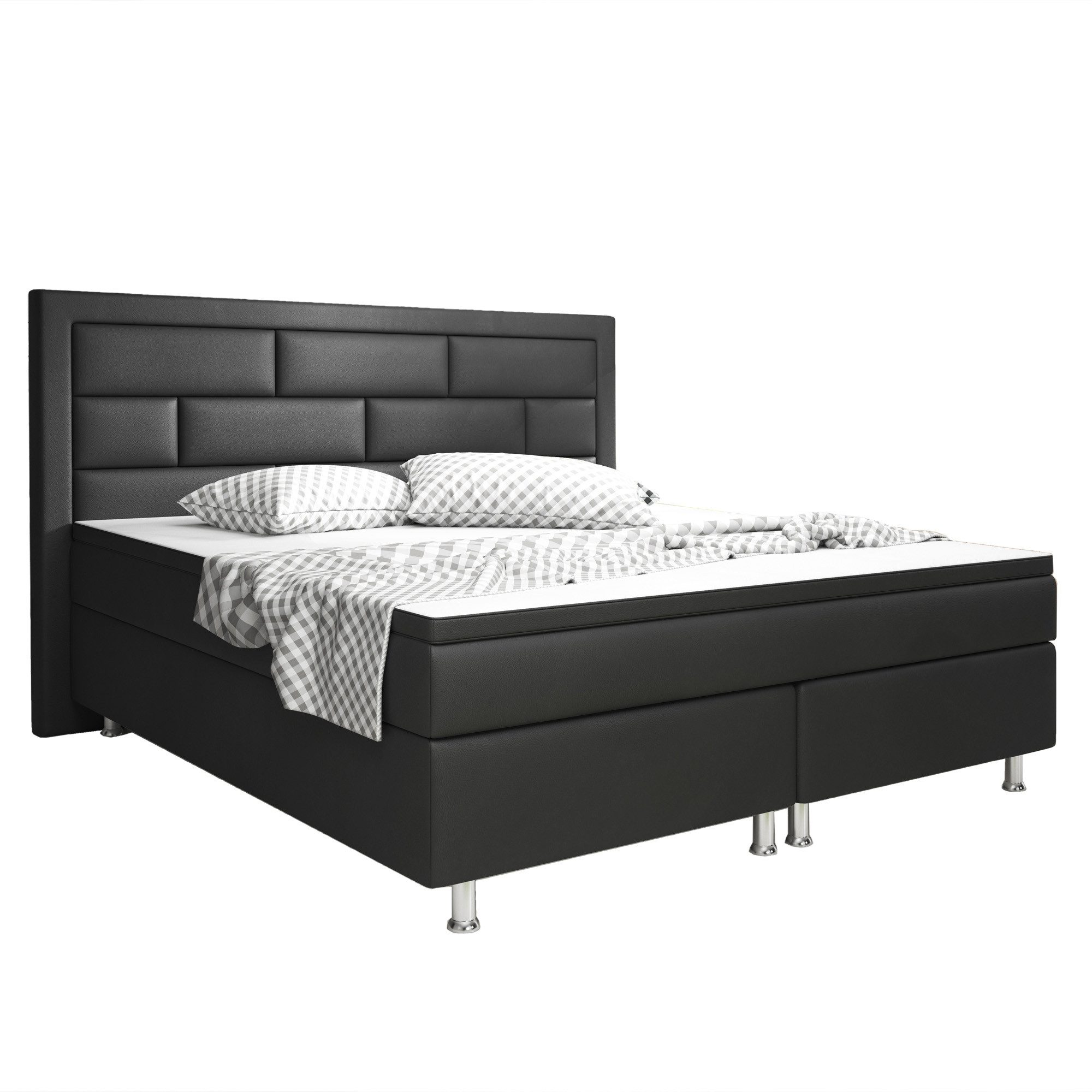 inter Boxspringbett Nizza Kunstleder mit 7 Zonen Taschenfederkernmatratzen und Topper (180x200 cm, Schwarz mit 7 Zonen Taschenfederkernmatratzen und Topper), Taschenfederkern-Komfort, gepolstertes Kopfteil, inklusive Matratzen