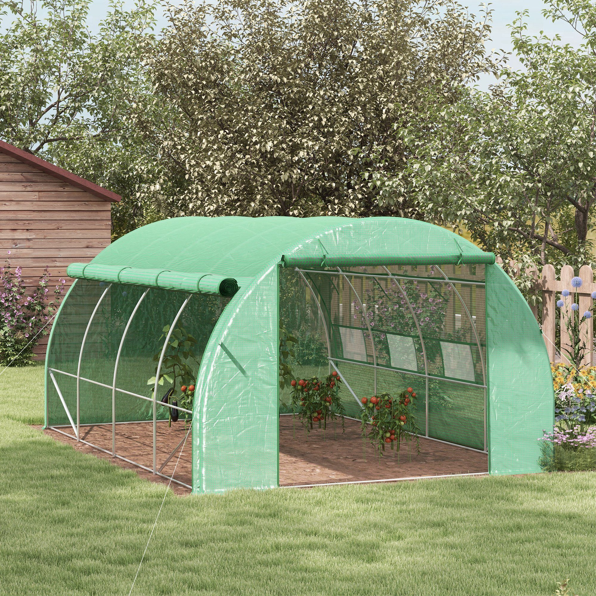 Outsunny Foliengewächshaus Polytunnel Gewächshaus mit aufrollbar Abdeckungen UV-Schutz, BxTxH: 397 x 300 x 200 cm, BxLxH: 300 x 397 x 200 cm, Tomatenhaus 1-St., Gewächshaus, Stahl, Grün